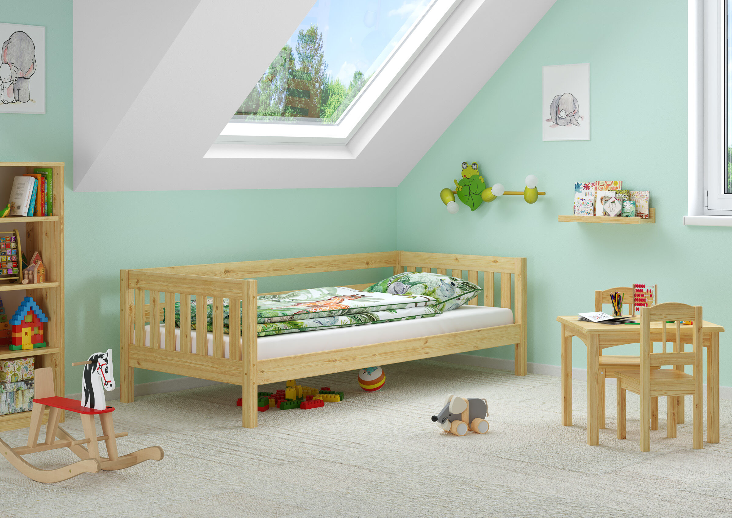 Kinderzimmer, Holzbett, Holzlatten, Bettgestell, Möbelset, Schlafzimmerbild Kinderzimmer Natur