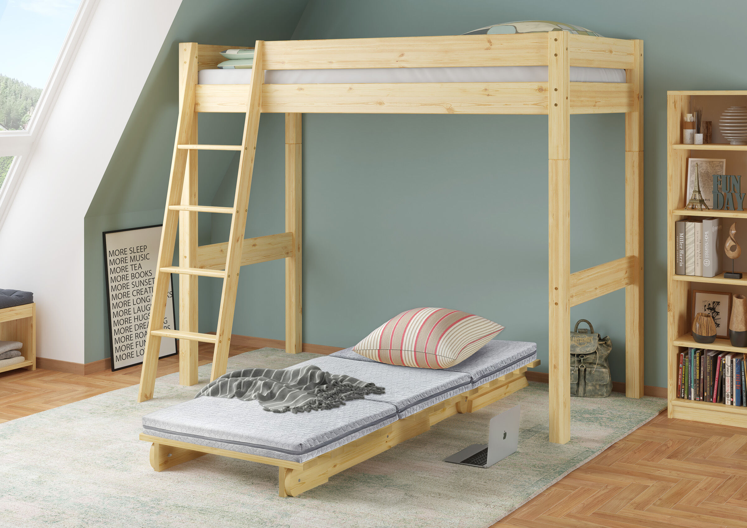 Moebel, Holz, Bett, Hochbett, Handtasche, Echtholzbett 80x200 Kiefer