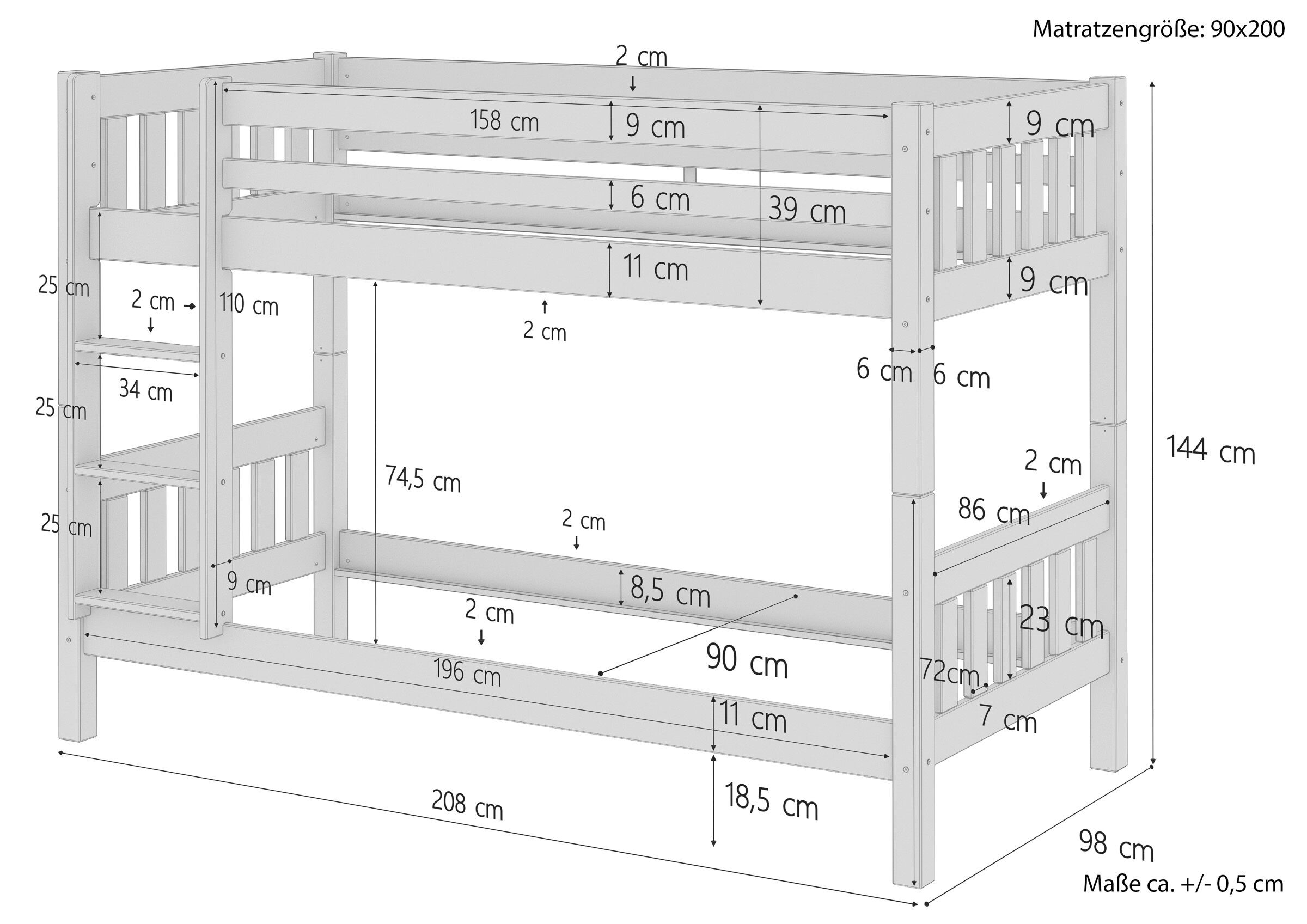 Etagenbett, Bodenkante, Kinderbett, Holzbett, Doppelstockbett, Maße des Etagenbettes 90x200