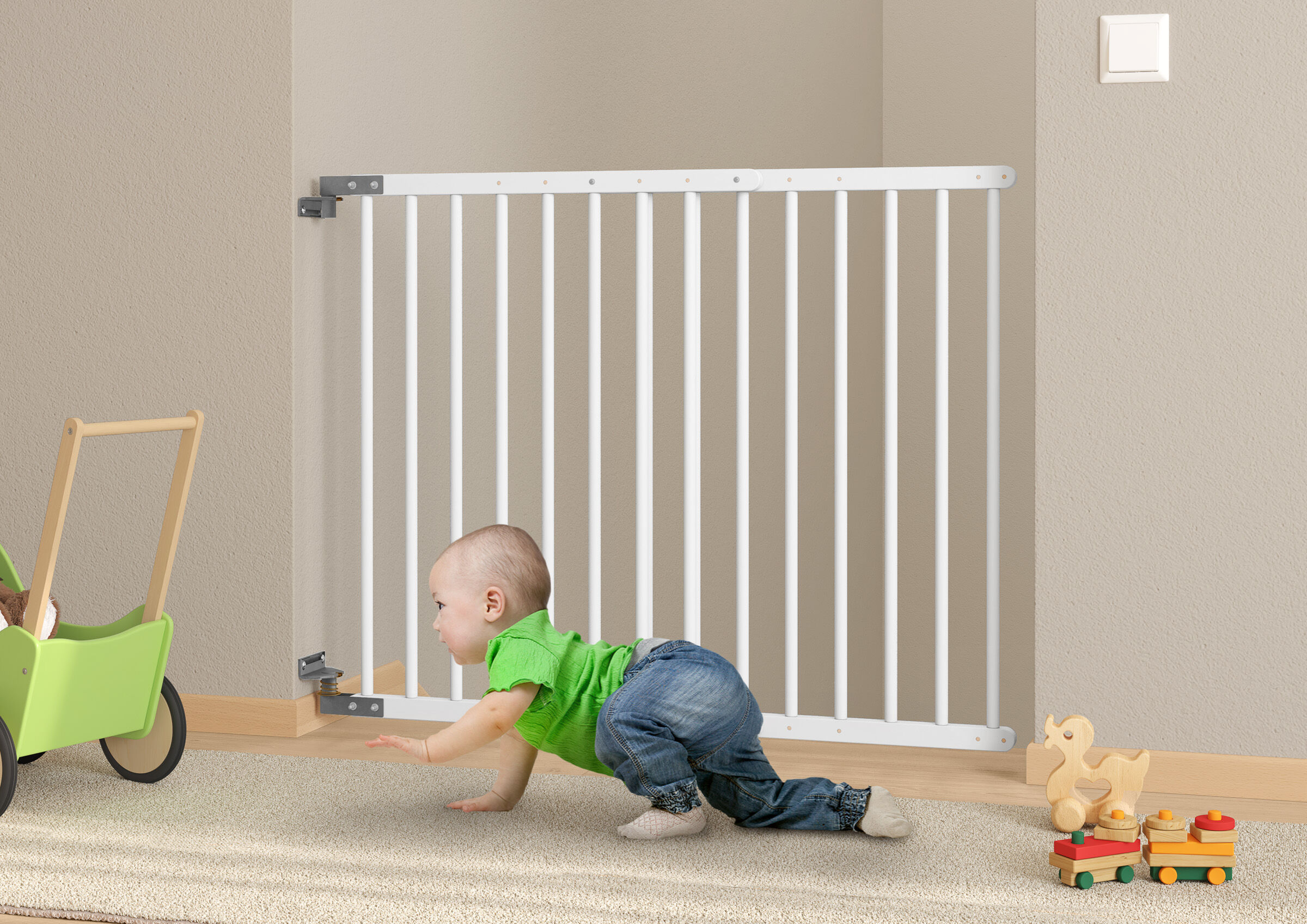 Baby-Gate, Kinder-Gitter, Spielgitter, Metallbarriere, Schutzgitter, Treppenschutzgitter Buche weiß für Kinder