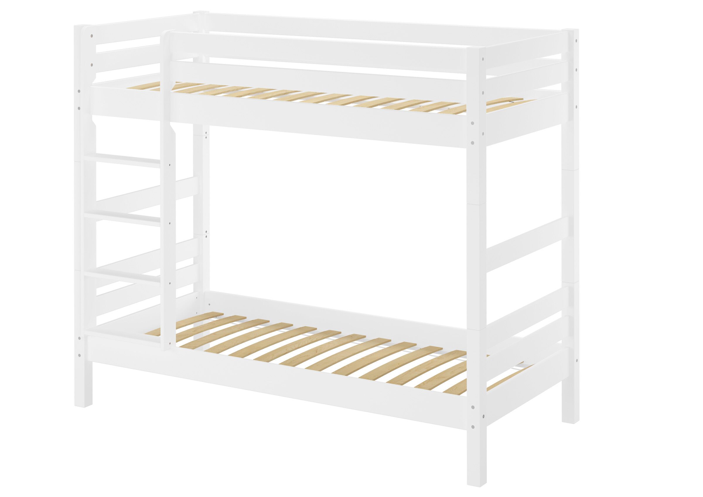 Etagenbett, Holzlatten, weiß, Etagenbett mit Leiter, Schichtholzlatten, Schönes Stockbett 90x200 aus Buche mit Federleisten