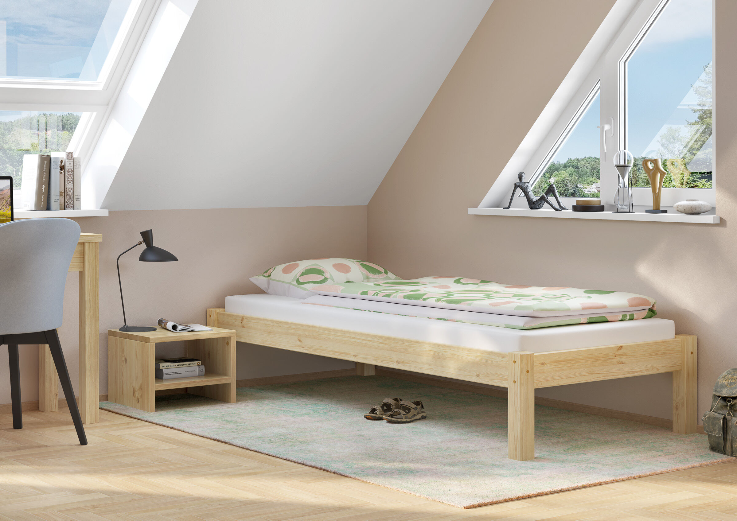 Einzelbett, Holzbett, Kiefernholz, Junges Zimmer, Bettgestell, Massivholzbett 100x200 Kiefer unbehandelt