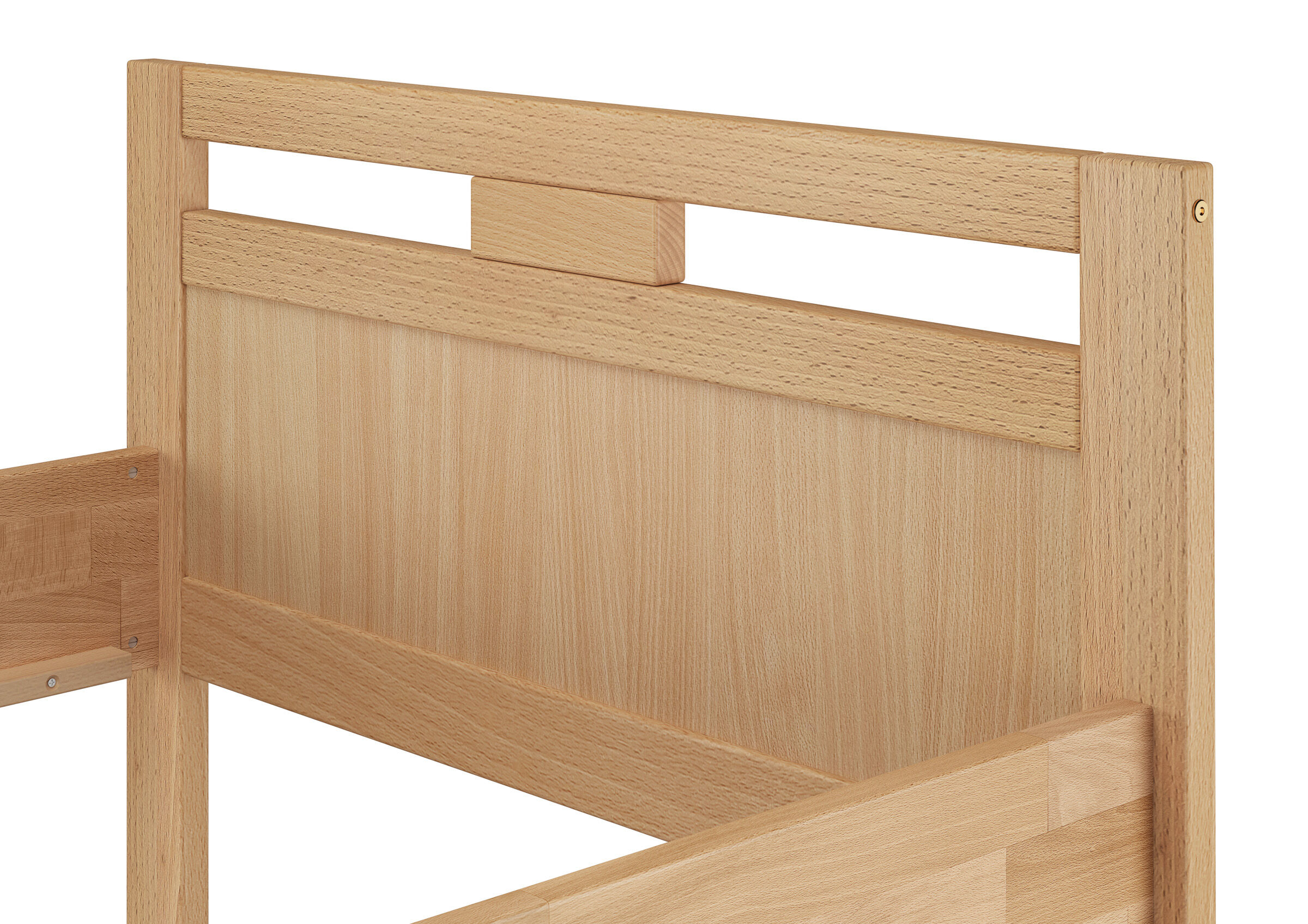 Holz Bett, Kopfteil, Lattenrosthalterung, Massivholz, Naturholz, Detailbild Buche Bett natur Kopfteil