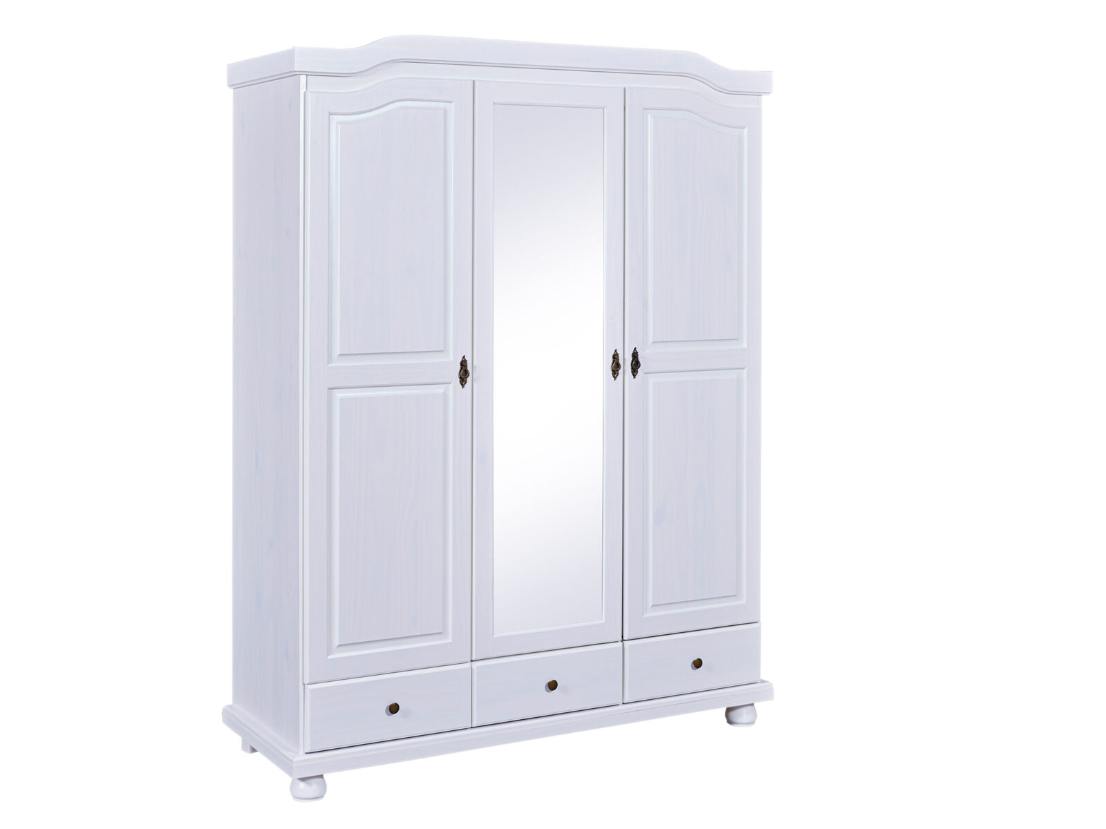 Schrank, Kleiderschrank, Weiß, Spiegelfront, Schubladen, 3-türiger weißer Schrank im Landhausstil