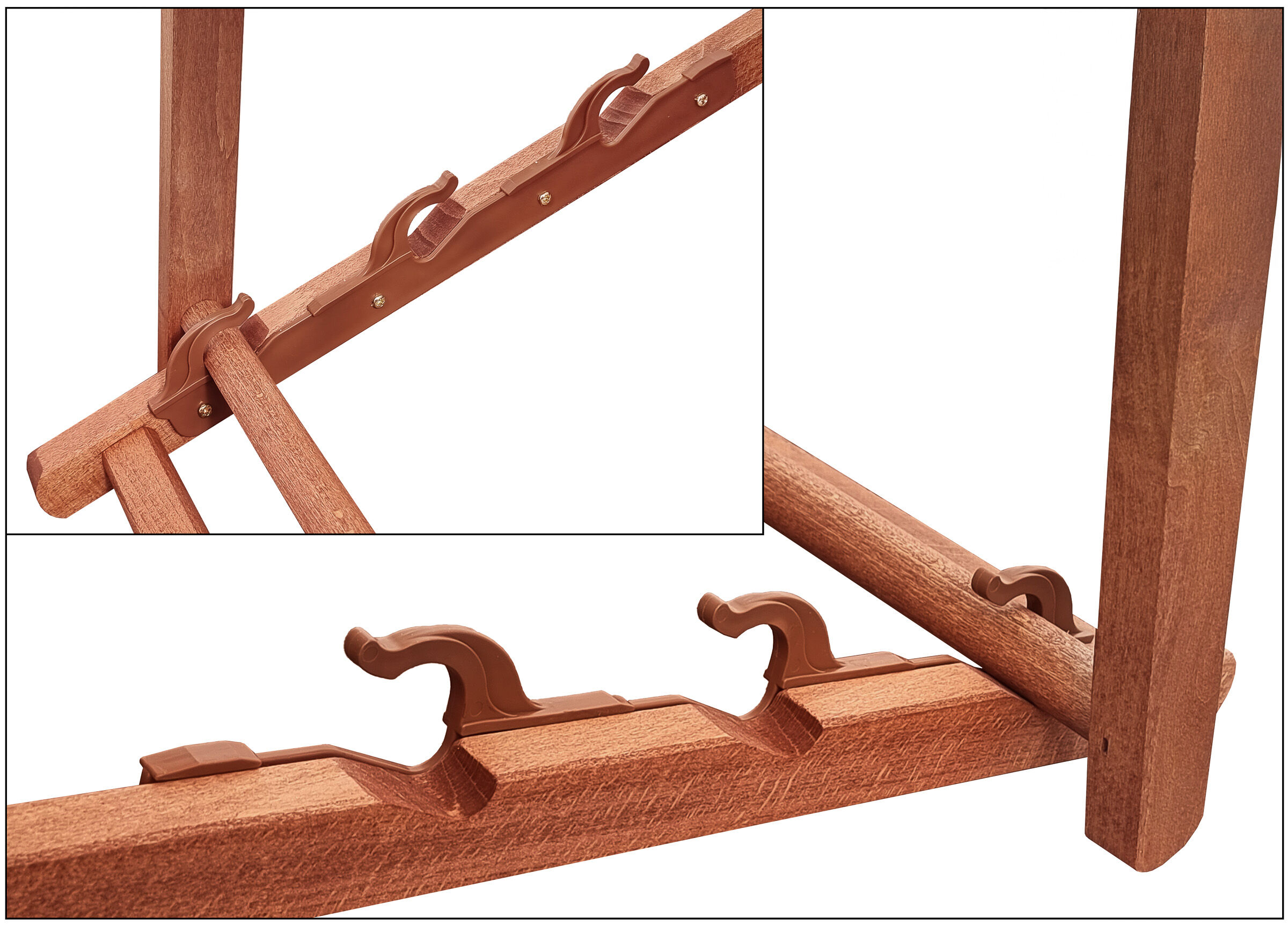 Holzstuhl, Klemmen, Kreuzholz, Holzschutz, Stuhlbein, Detailbild der einstellbarer Höhe der Lehne