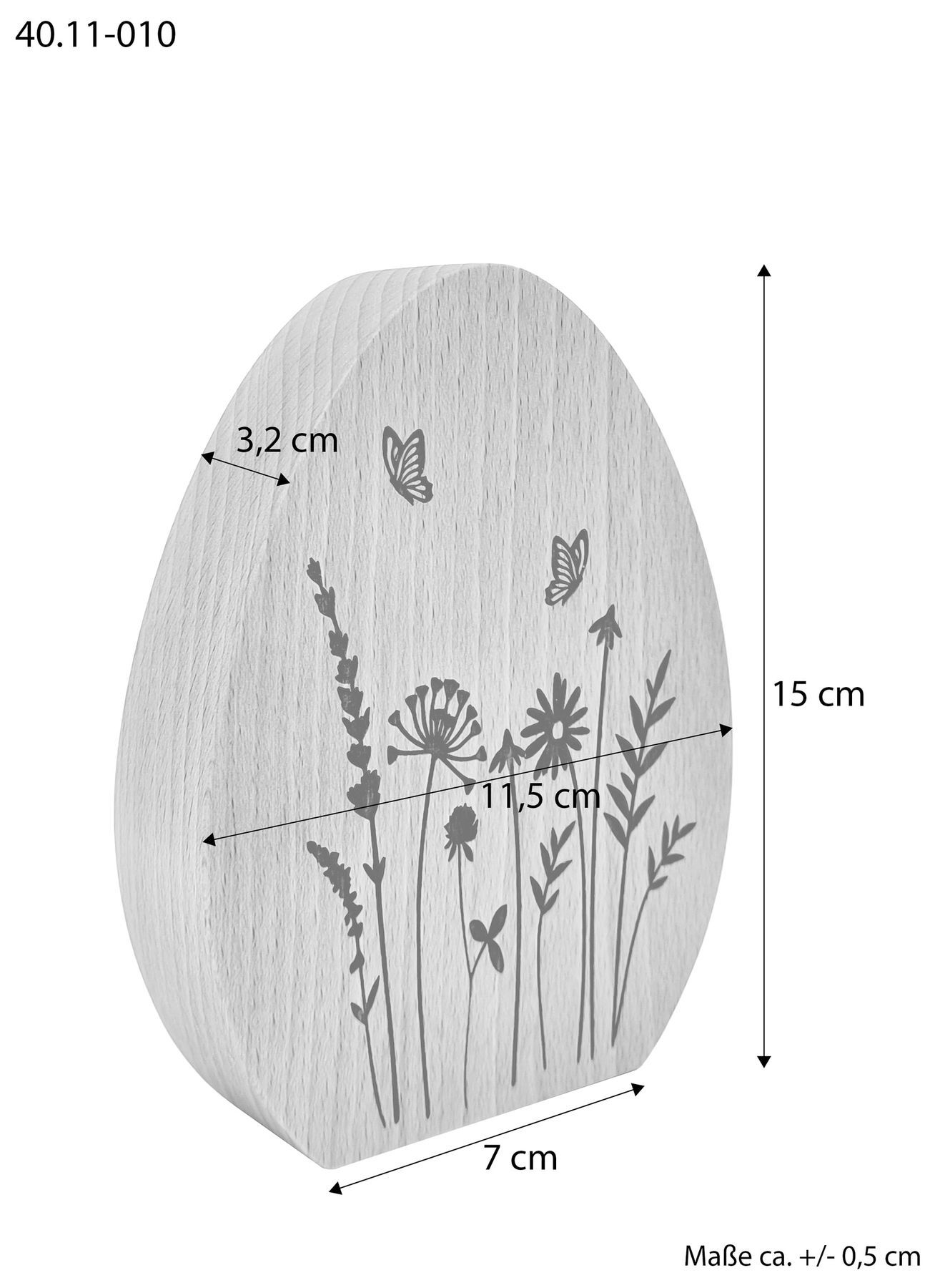 Holzfigur, Dekostück, Grasblumen Muster, Schmetterlinge,  ovaler Stein?, Maße des Massivholzeis in der Höhe 15 cm