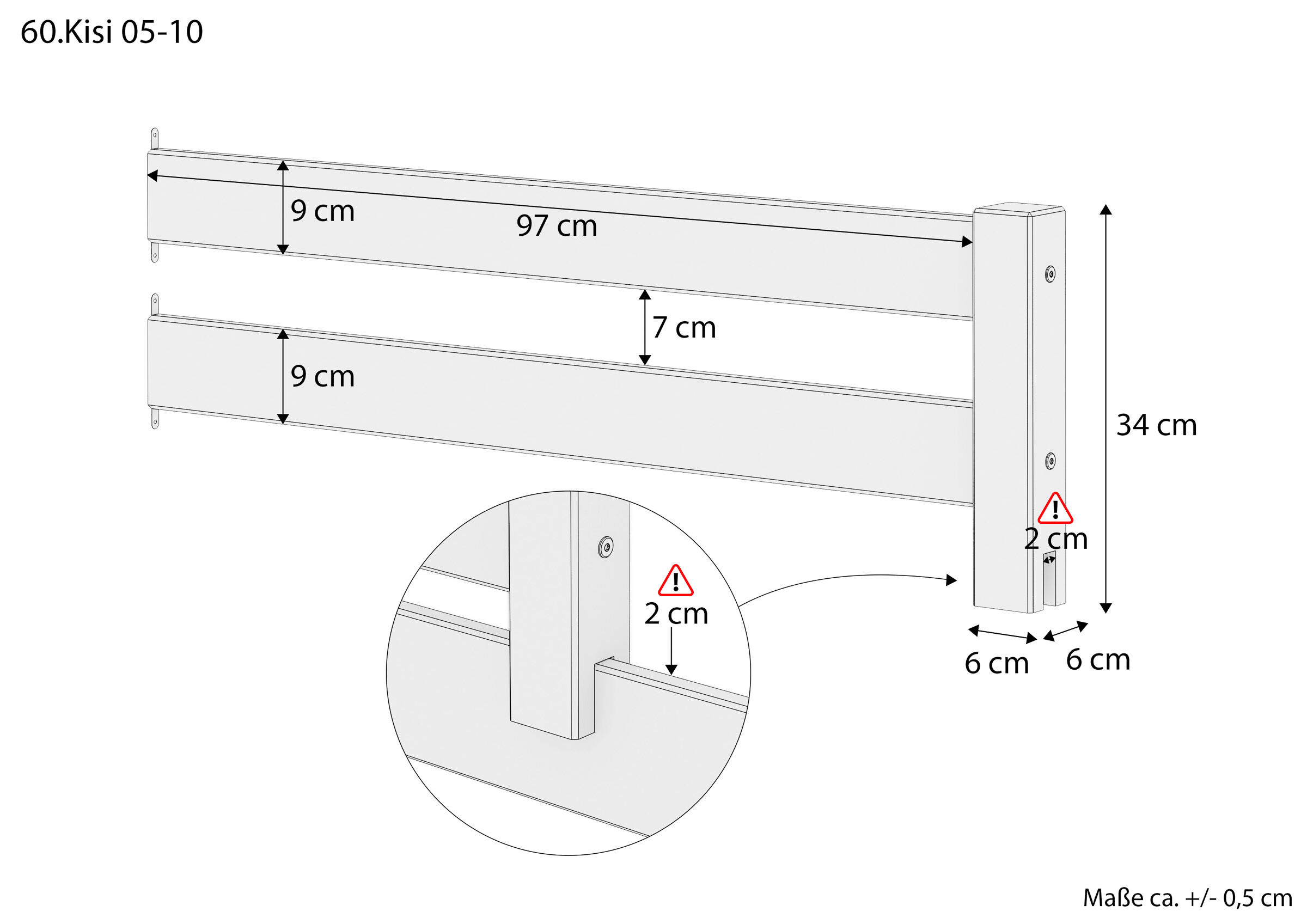 kisi 60-05-10, außenjalousie, tsb, holzbalkonjalousie, maßband diagramm, Maße des Rausfallschutzes