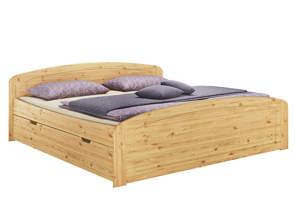 Betten, Holzbett, Kopfteil, Schubladen, Doppelbett, Funktionsbett mit Bettkästen Kiefer natur