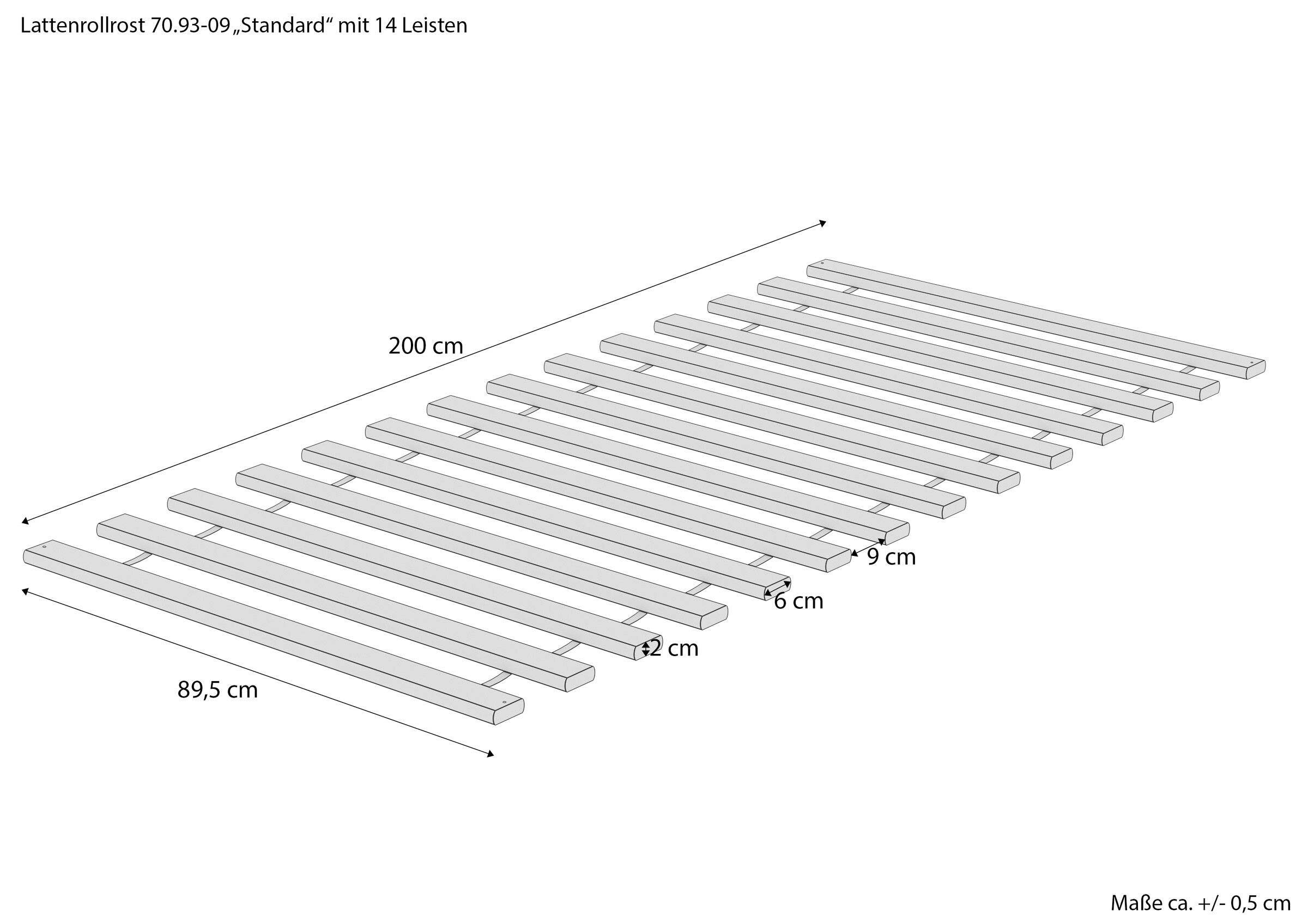 Lattenrost, Standard, 14 Leisten, Massivholz, bettdrahtfrei, Massskitze des aufrollbarem Rostes 90x200 cm mit 14 Leisten