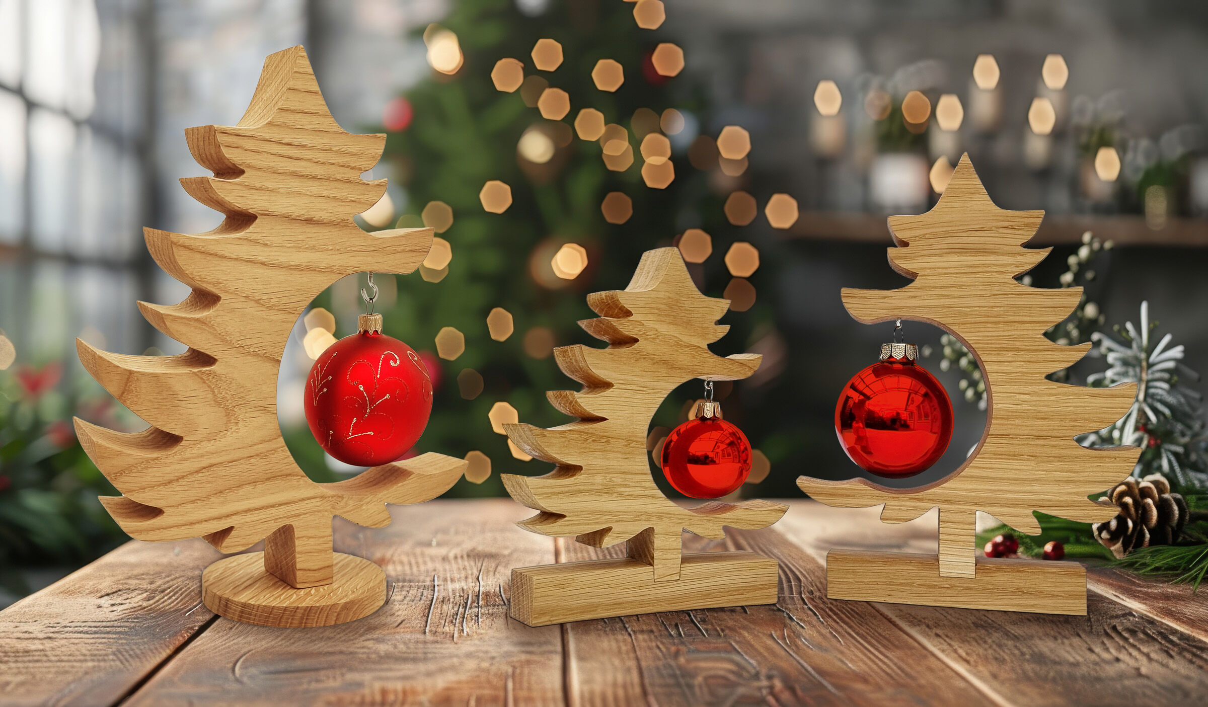 Weihnachten, Weihnachtsdekorationen, Festival, Eichenbaum mit Dekokugel in groß und klein