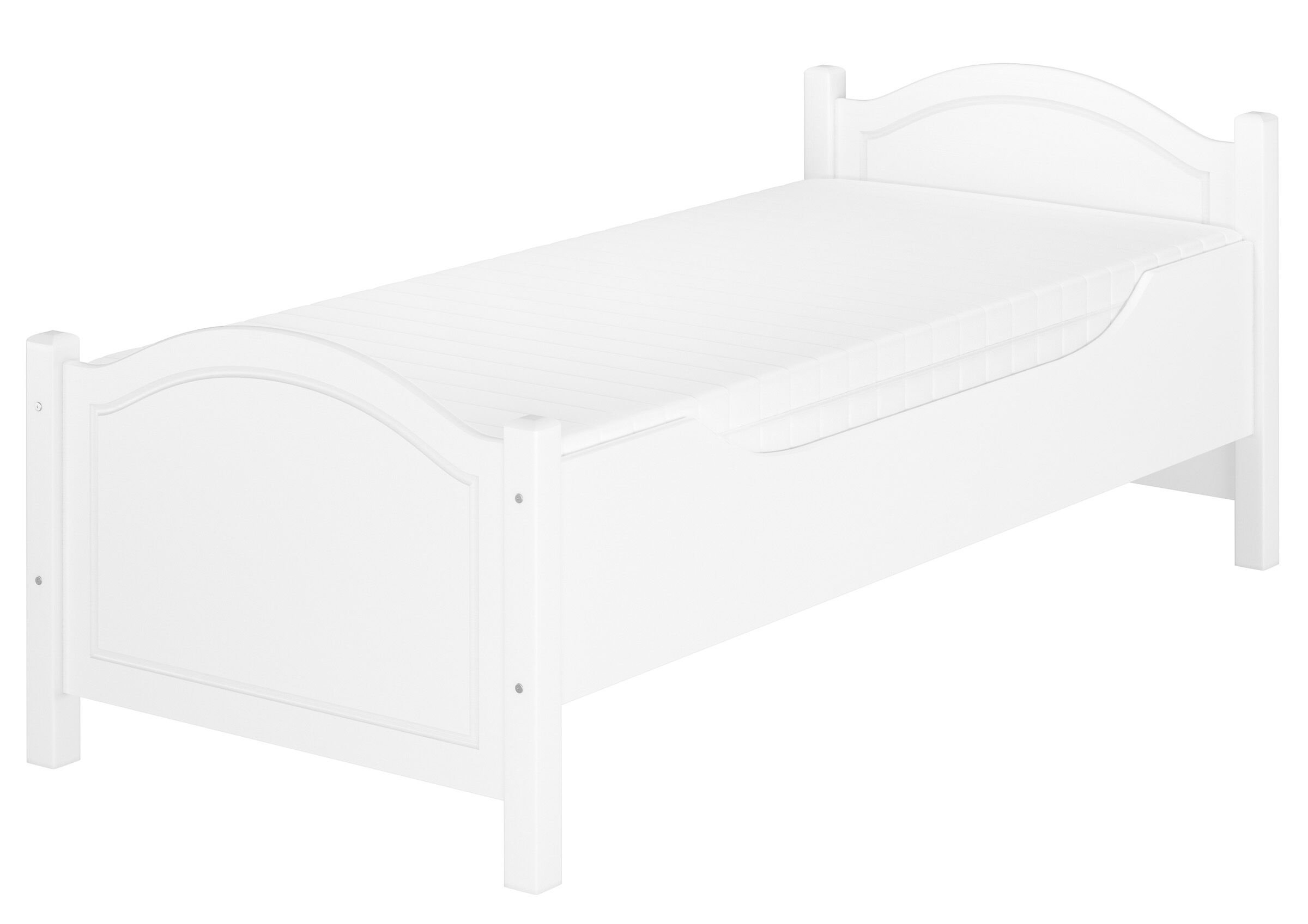 Einzelbett, Holzbett, Weißes Bettgestell, Kopfteil, Fußteil, Einzelbett Kiefer waschweiß mit Matratze