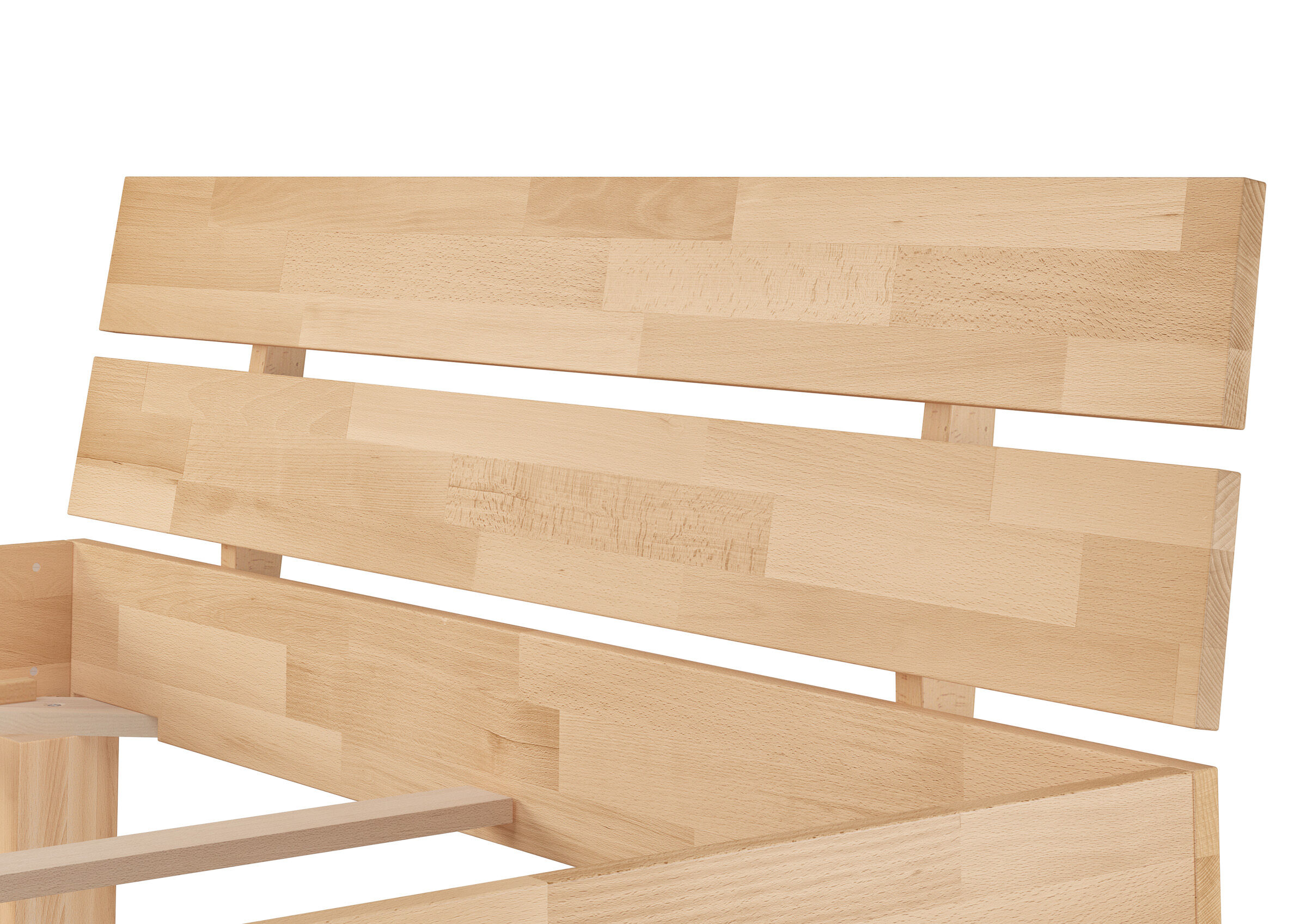Holzbank, Holzbank Bett, Holzbänke, Sichtholz, Holzlatten, Schlichte Kopflehne des Vollholzbettes 140x220