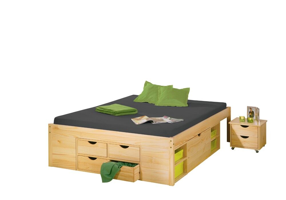 Bett, Holzbett, Aufbewahrungsbett, Nachttisch, Holz, Jugendbett mit Stauraum