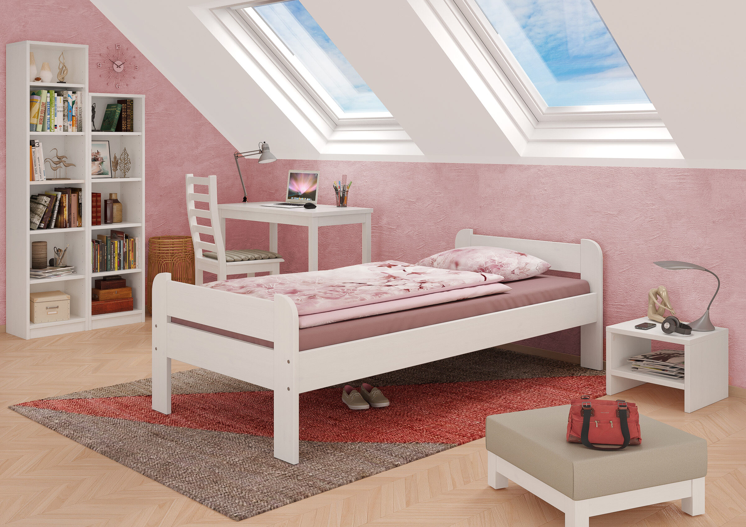 Schlafzimmer, Kinderzimmer, Bettenrahmen, Holzbett, Rosa Wand, Jugendzimmerbild Einzelbett Kiefer weiß