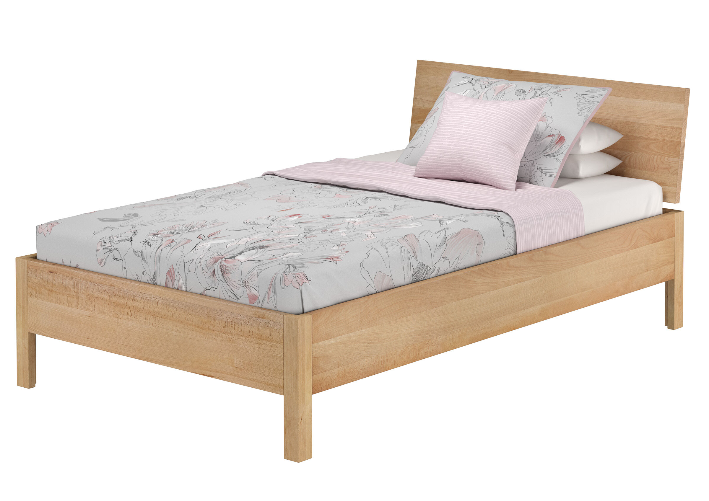 bett, Holzbett, Holzbettrahmen, Blumenmotiv, Bettwäsche-Set, Holzbett geölt 120x200 metallfrei