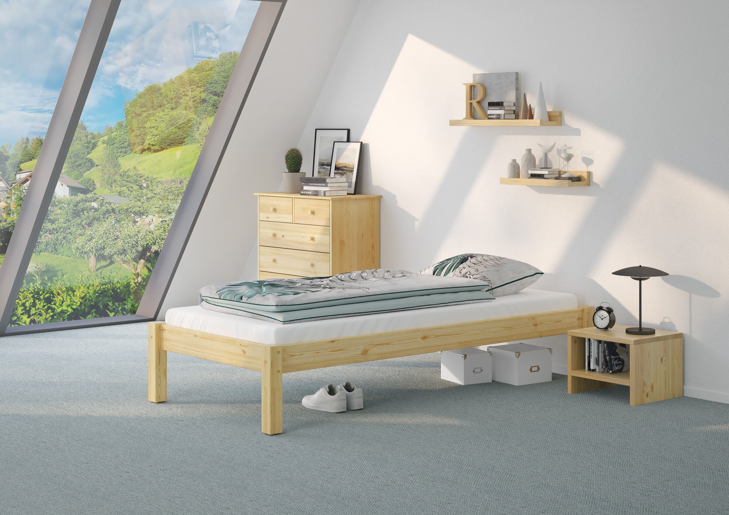 bett, holzbett, nachttisch, kommode, schrank, Schlafzimmerbild Kiefer Natur