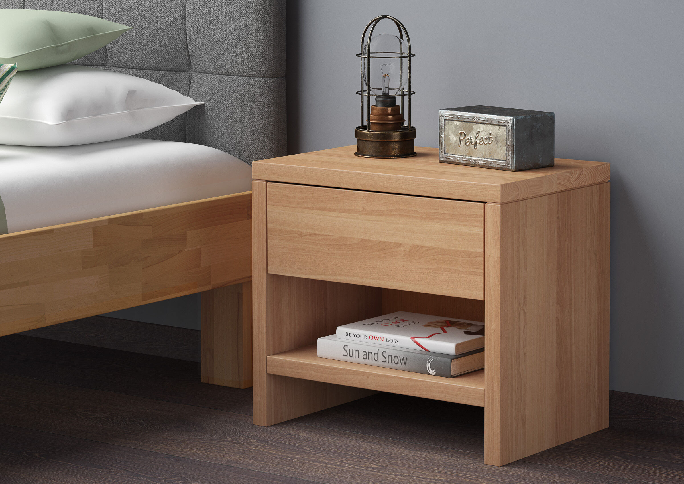 Nachttisch, Nachtkonsole, Holz, Schublade, Bücherablage, Buche-Massivholz-Nachttisch