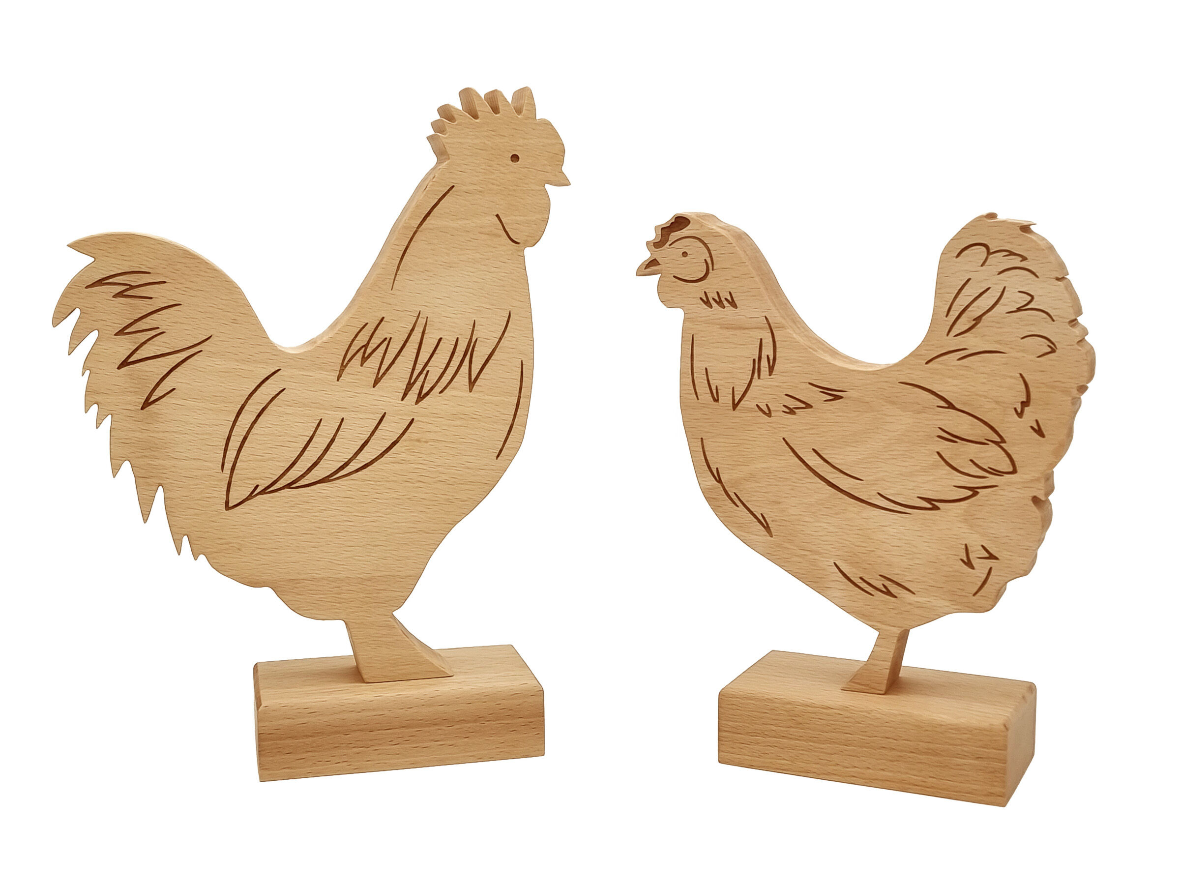 Holzfigur, Huhn, Hahn, Schnabel, Dekoration, Hahn mit Huhn als Set aus Buche massiv
