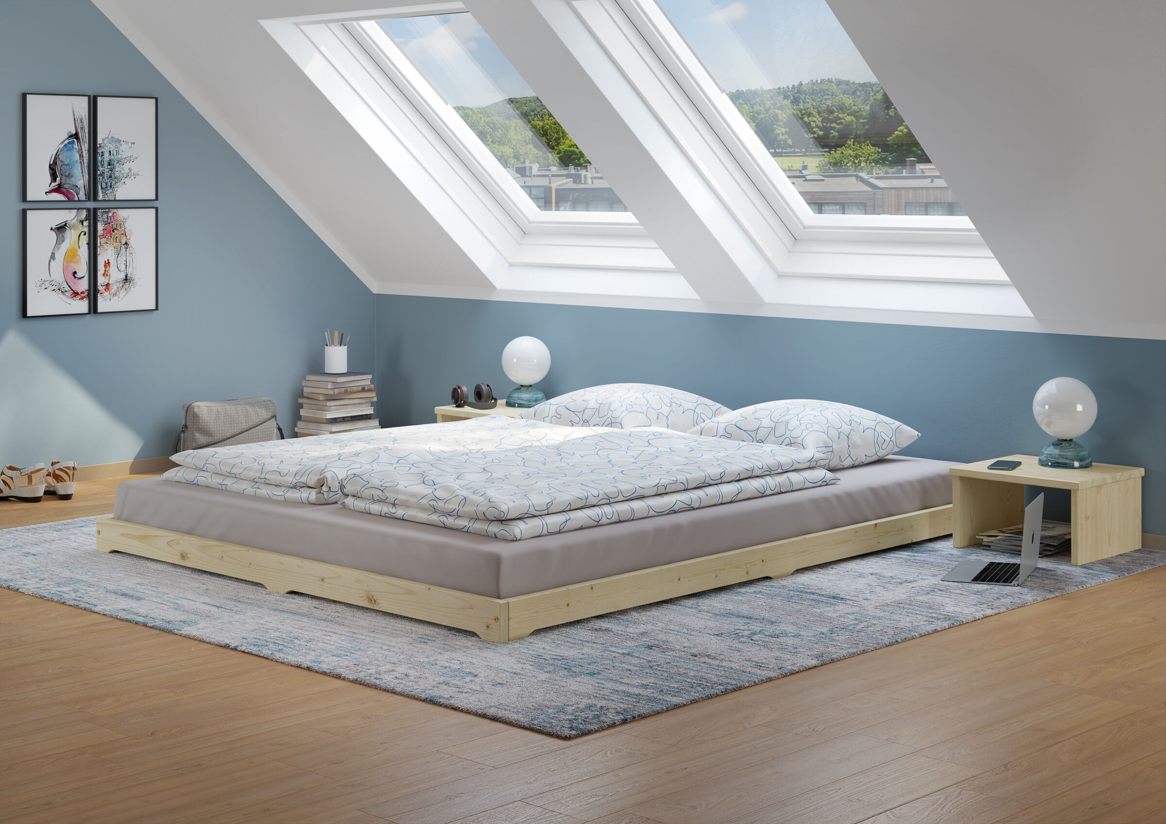 bett, bettgestell, normale bettdecke, bettwäsche, lampe nächtisch, modernes Loftzimmer Niedrigbett 160x200