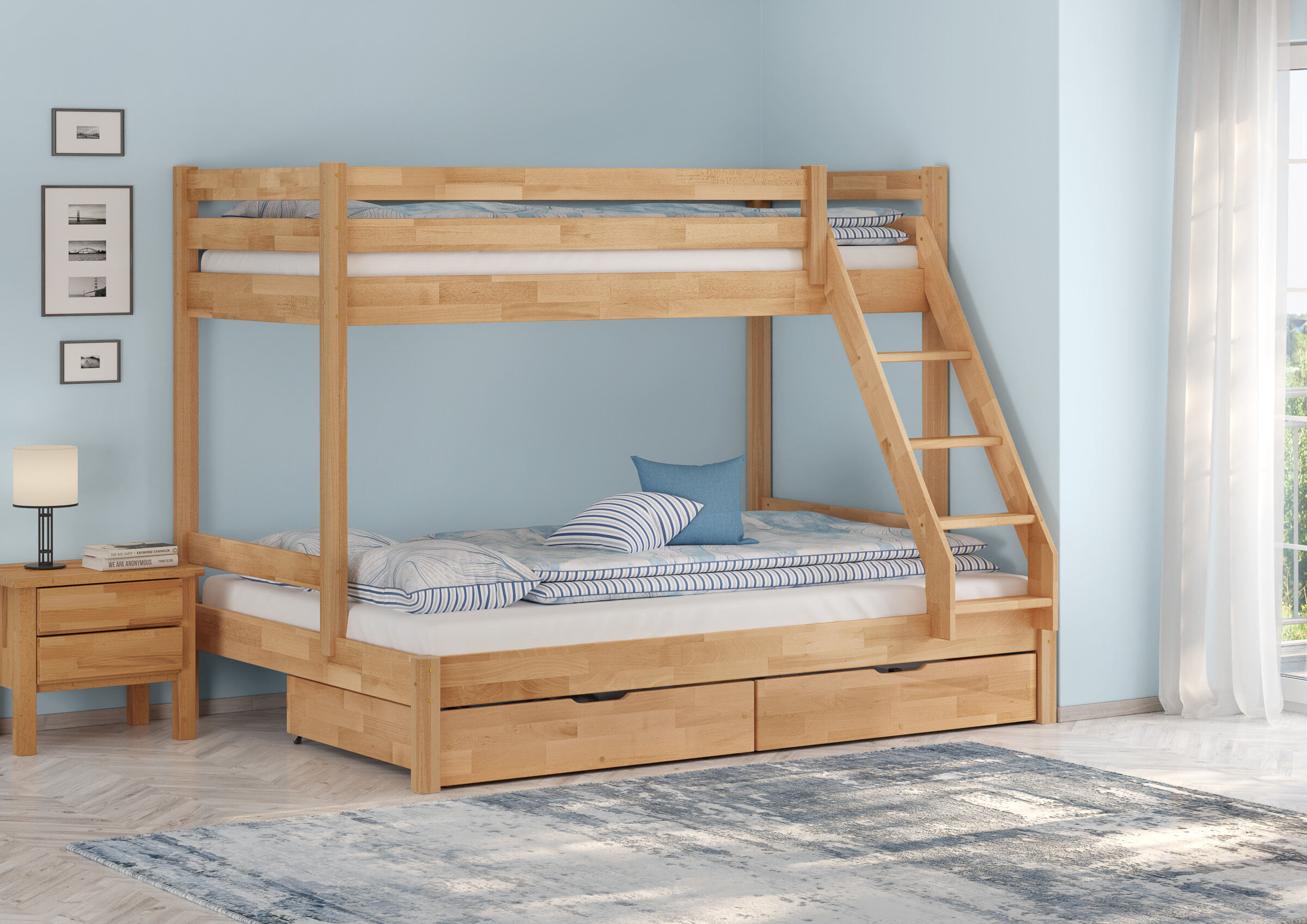 Holzbett, Hochbett, Bettgestell, Kopfkissen, Schubladenbett, Stabiles Etagenbett aus Buche mit Bettkasten