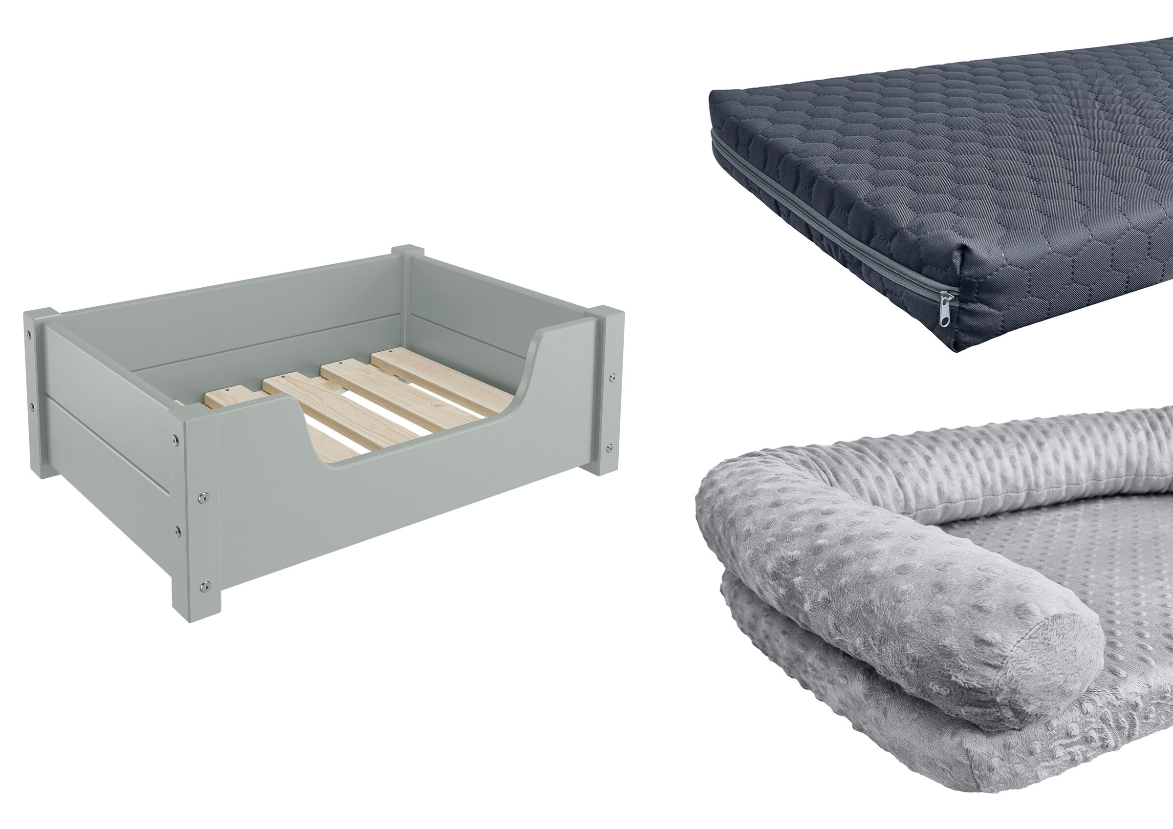 Kinderbett, Holzbett, Holzlatten, Graue Farbe, Matratzbezug, Hundebetten grau