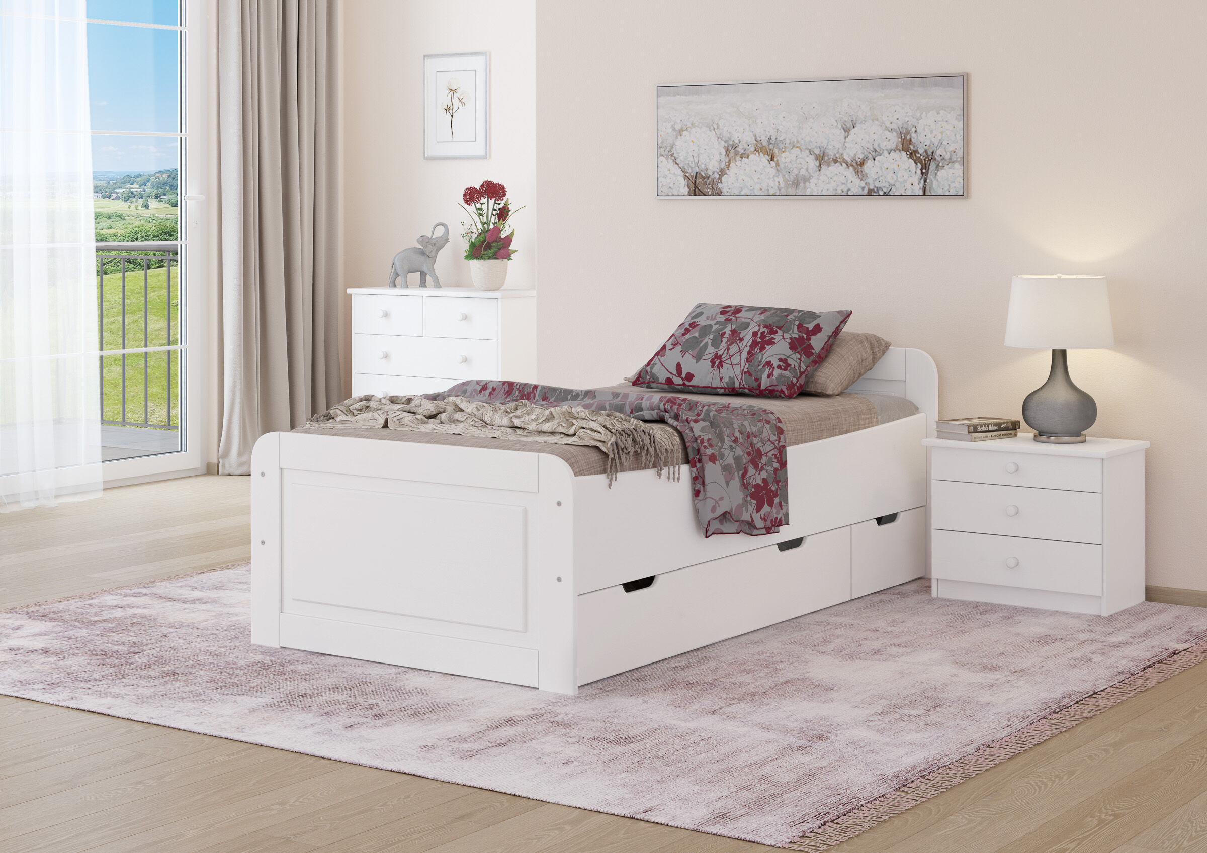 Kleiderschrank?, Bed, Kleiderschrank?, Nachttisch, Laminiertes Bettgestell, Kieferbett mit Schubladen S4W-2 im Zimmer