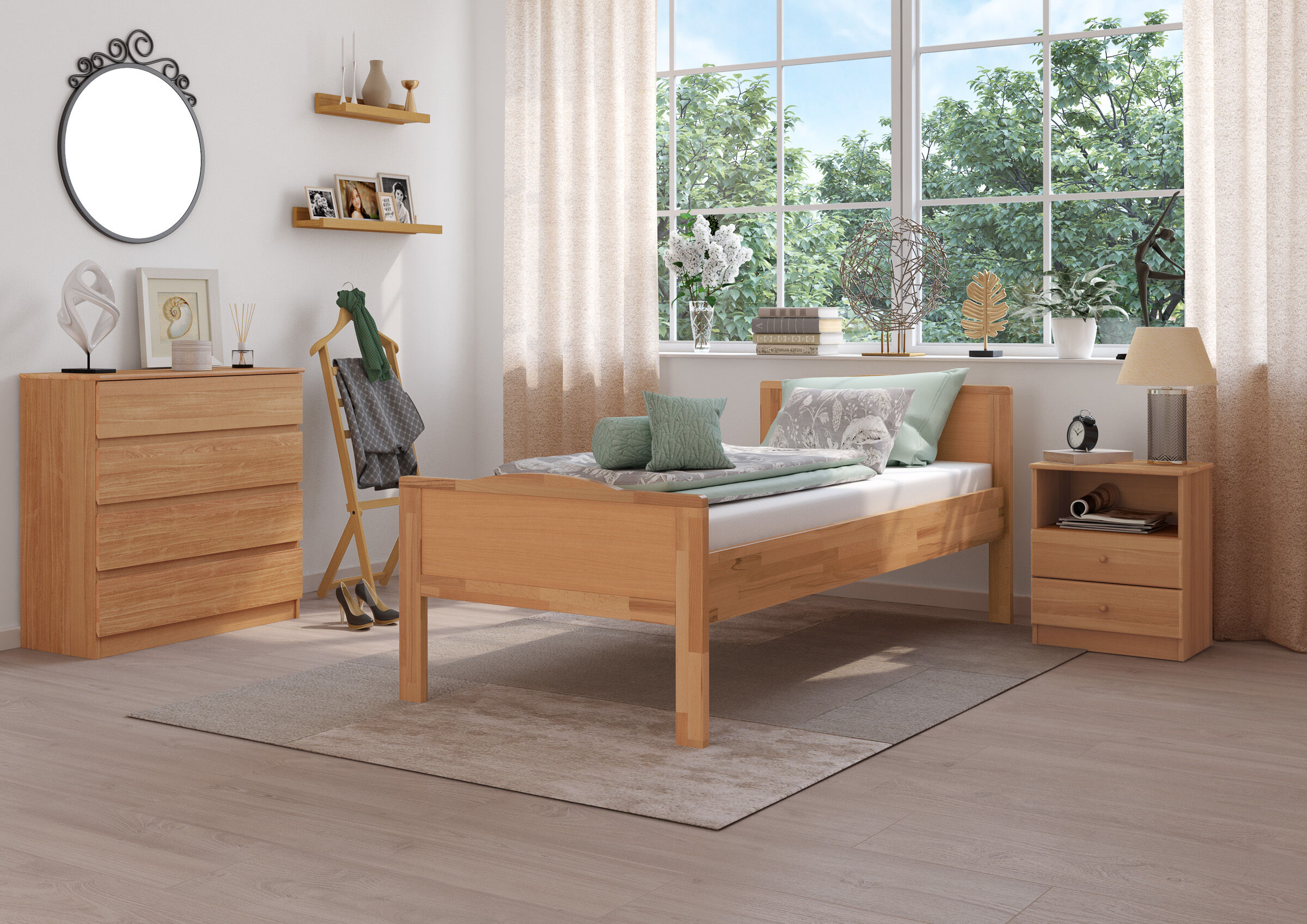 Holzbett, Holzmöbel, Schlafzimmer, Kleiderschrank, Deko-Accessoires, Schlafzimmer mit Einzelbett Buche massiv