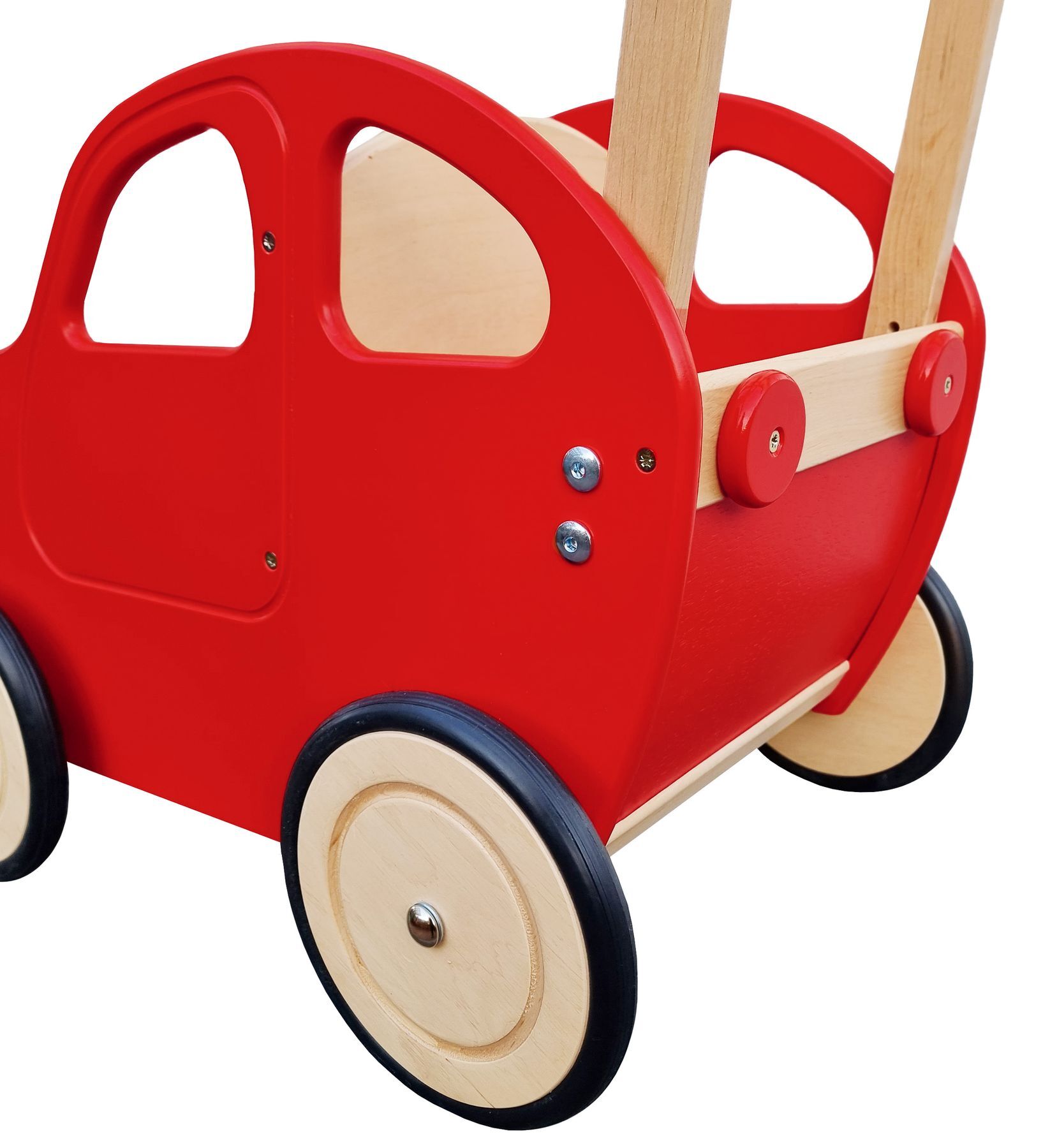 Holzwagen, Kinderwagen, Rot, Holzrad, Holzspielzeug, Detailansicht roter Puppenwagen