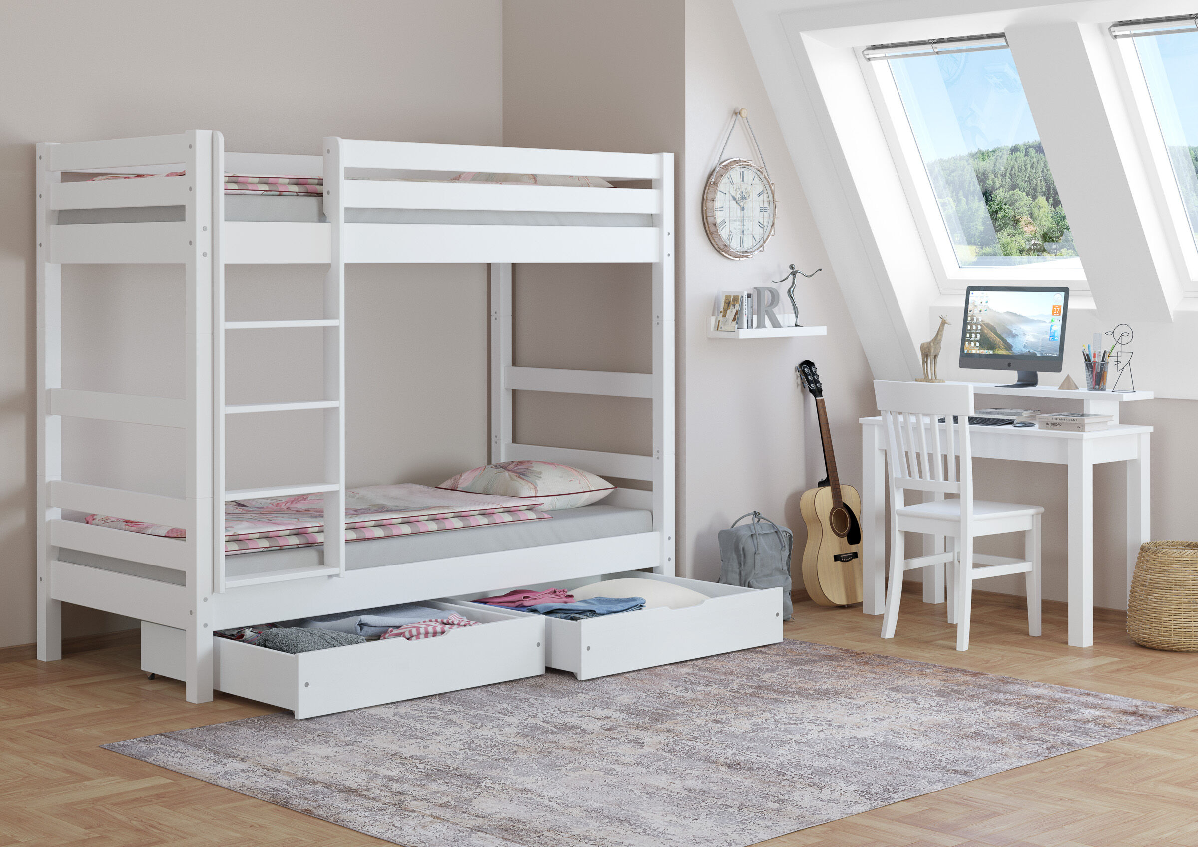 hochbett, grau, stauraum, schreibtisch, gitarre, Geräumige Bettschubladen aus Buche