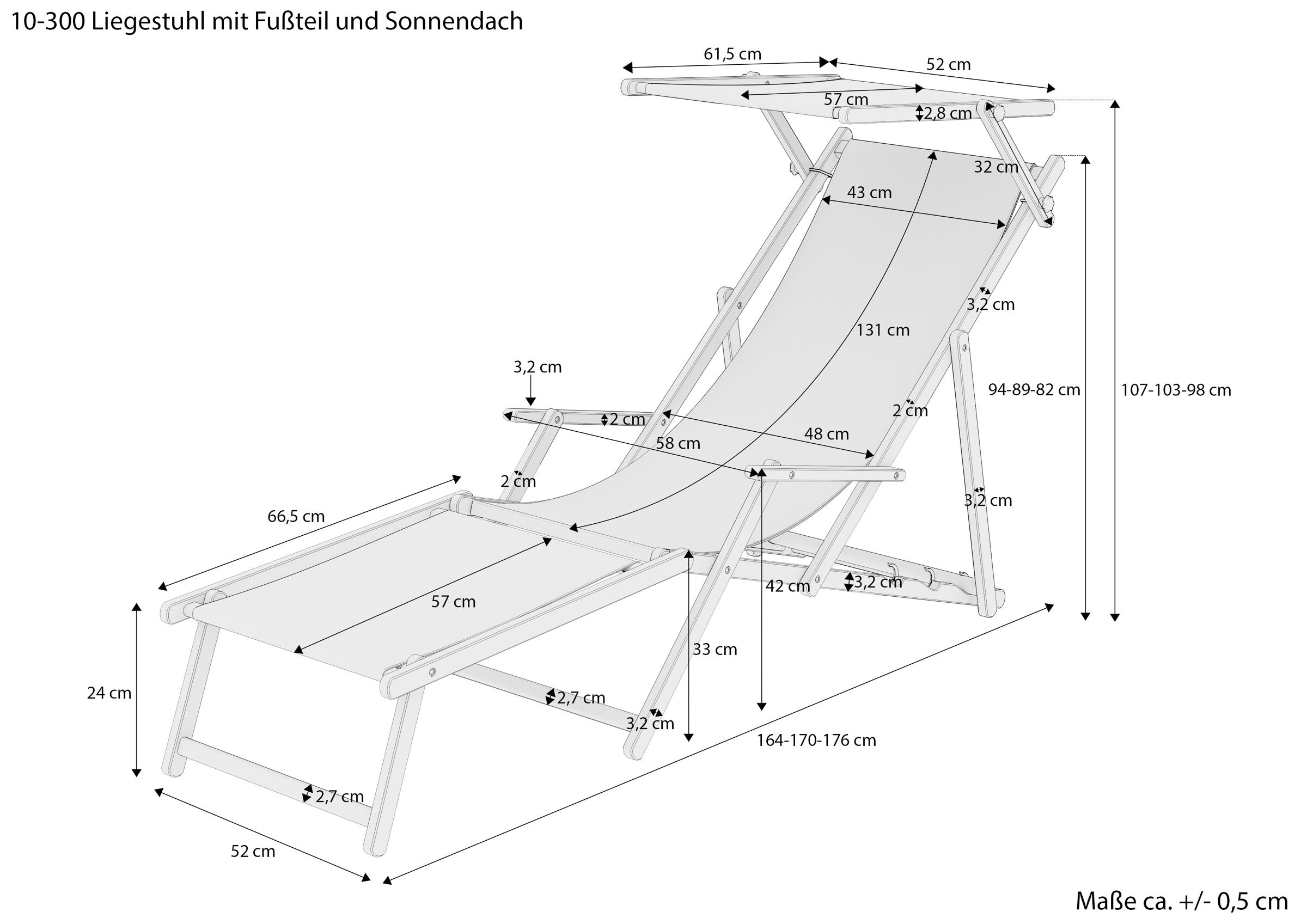 Liegestuhl, Sonnenliege, Futon, Stuhlgestell, Sonnenliege mit Fußteil, Maßskizze der Strandliege mit Sonnendach und Fußteil