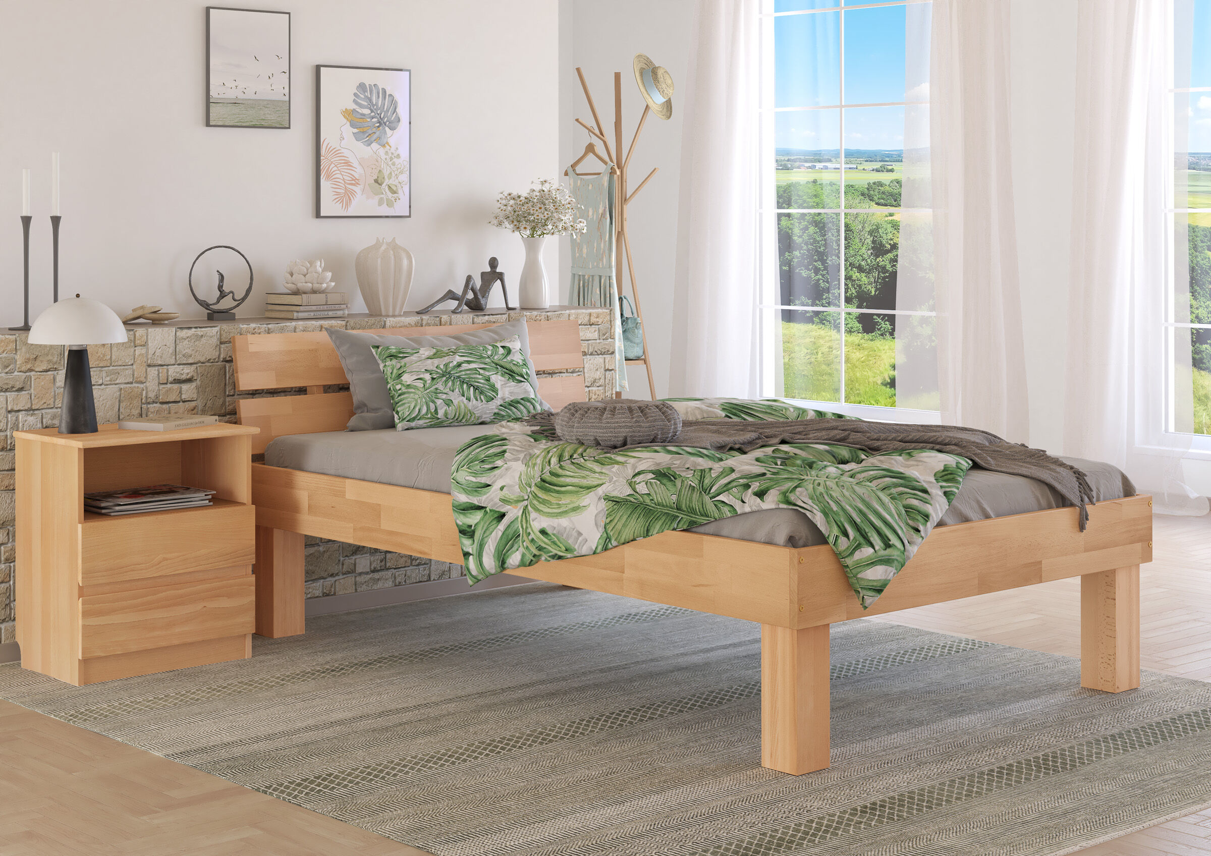 Bettrahmen, Holzbett, Bett mit Laminen, Grün Musterbetttuch, Kopfteil aus Holz, Zimmerbild des Buchenzholzbettes 120x200 mit Kopflehne