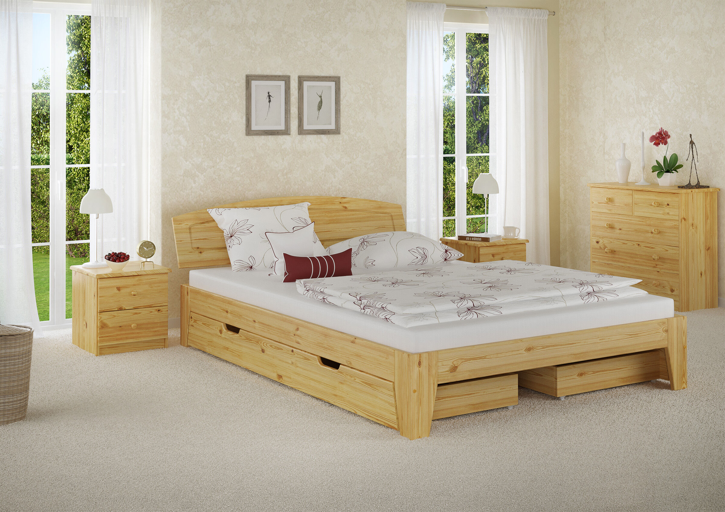 Holzbett, Holz Bettrahmen, Kissen, Nachtisch, Tischlampe, Zimmerbild Kiefer Doppelbett natur