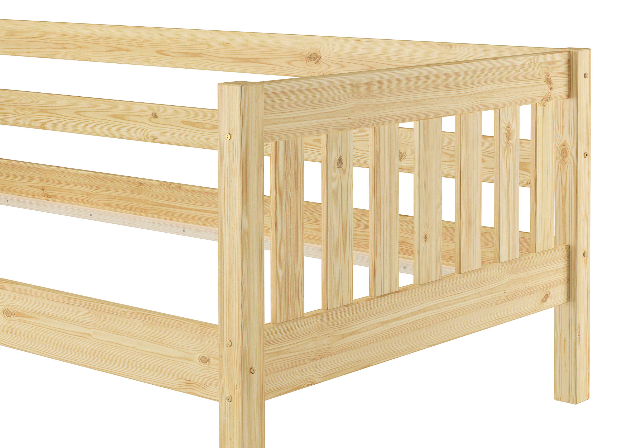 Holzbett, Kojenbett, Kinderbett, Bohlenholz, Naturholz, Detailbild Fußteil Kinderbett