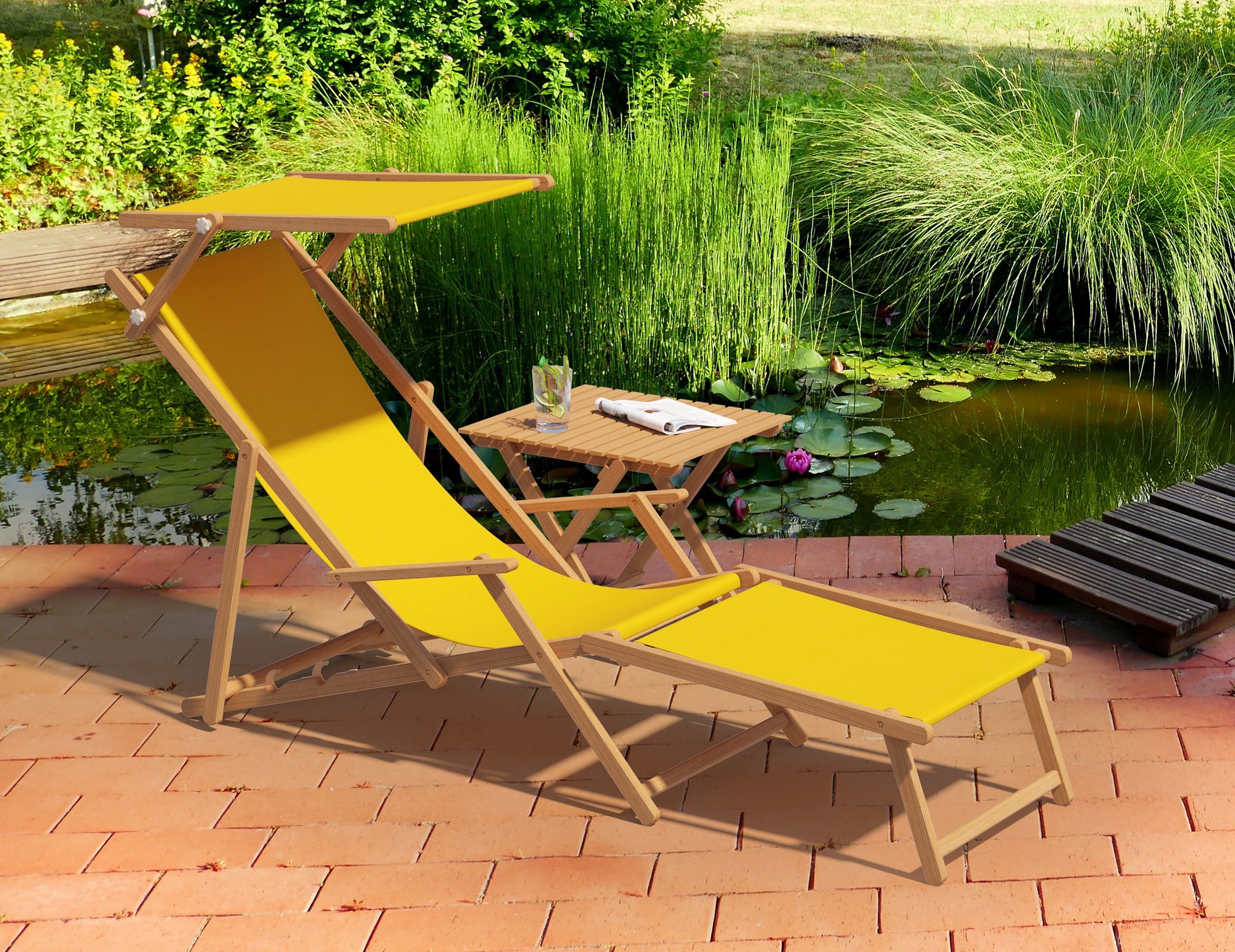Loungestuhl, Sonnenliege, Gartenmöbel, Gelb, Holz, Schöner Gartenstuhl mit Sonnendach und Fußteil