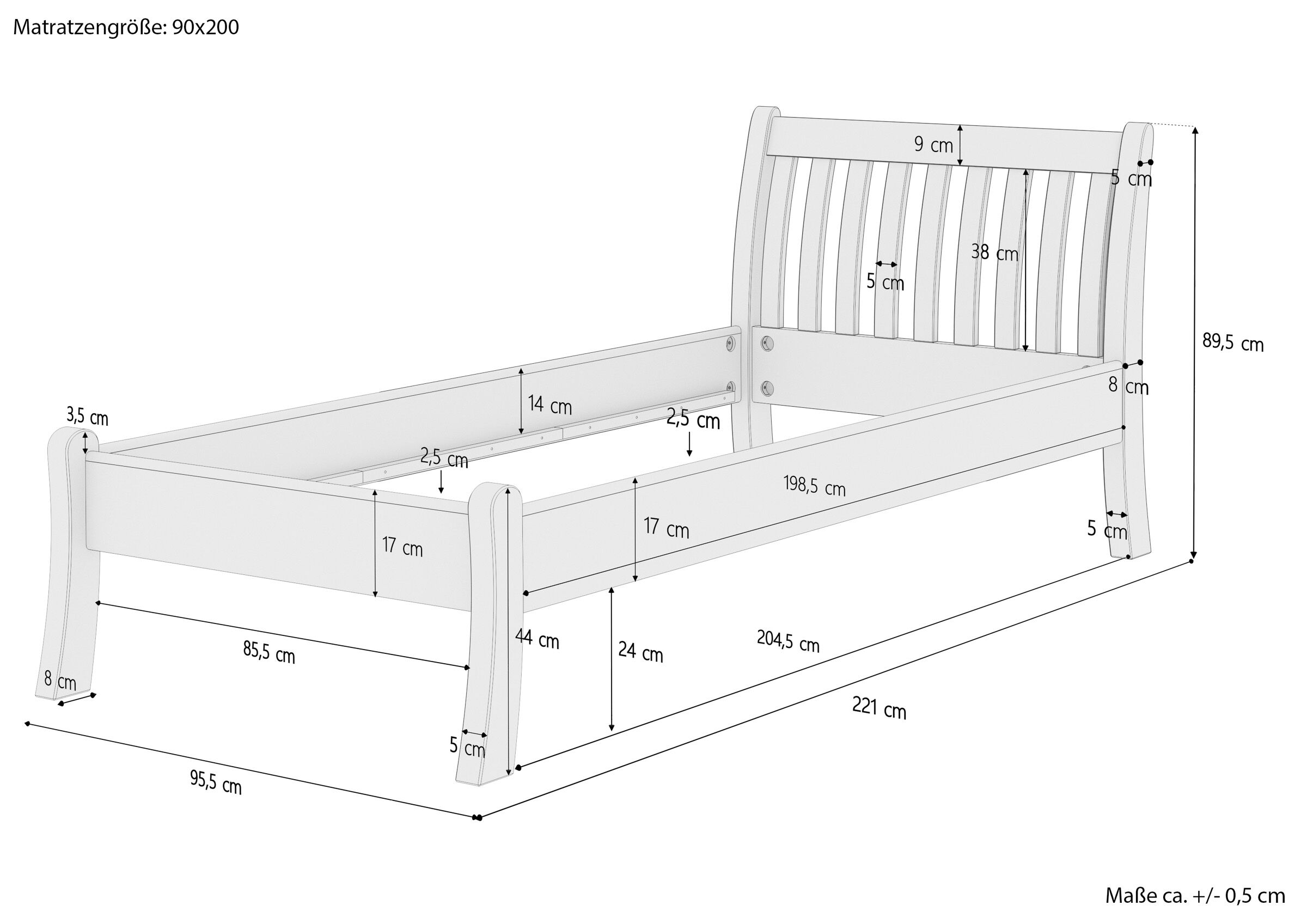 Holzbett, Kinderbett, Maße 90x200, Kopfteil-Holzlatten, Bettgestell, Skizze mit Maße geschwungenes Kiefer Bett