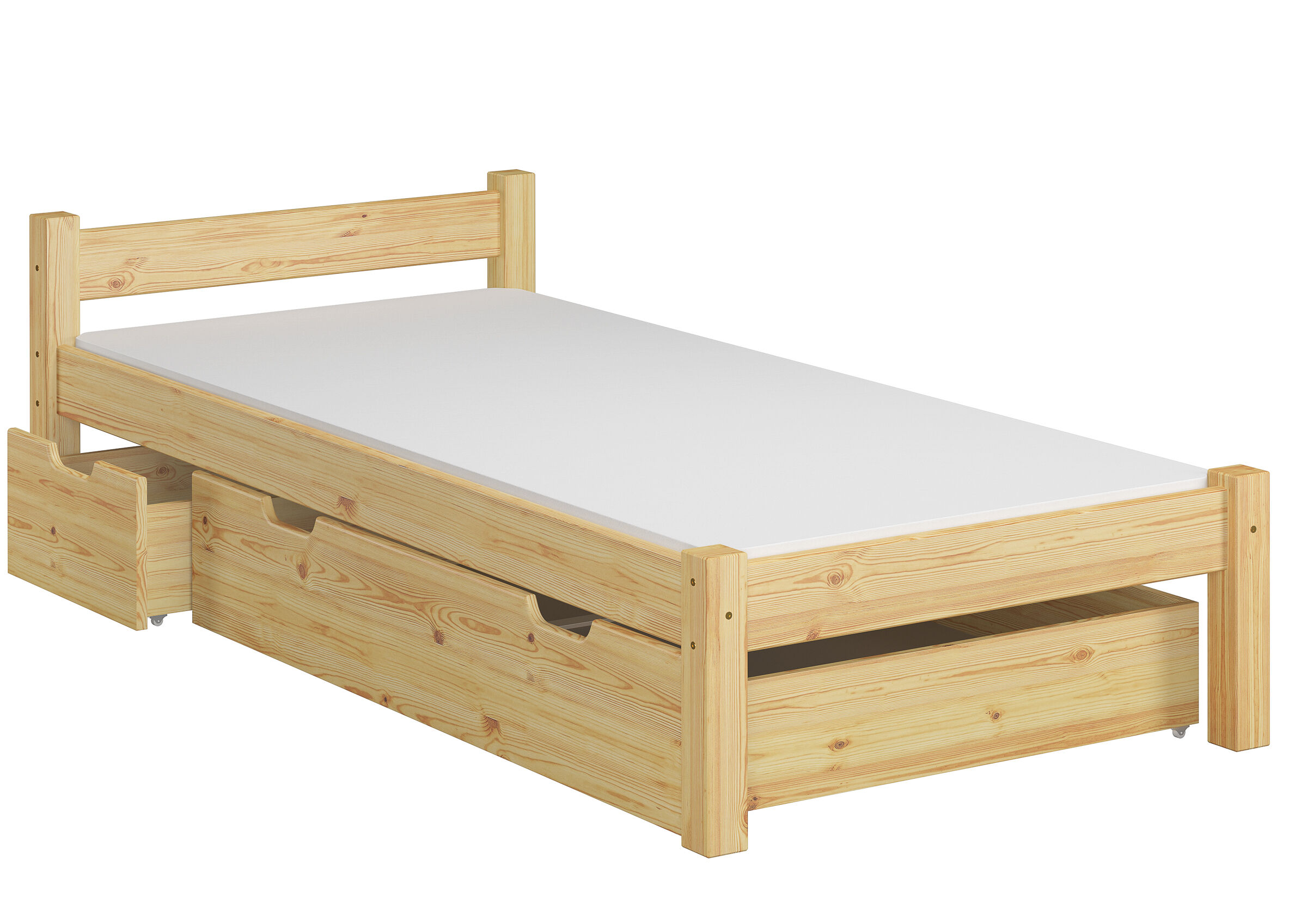 holzbett, einzelbett, holzbettdesign, schubladenbett, naturholz, Einzelbett mit 2 Bettkästen und Matratze Kiefer natur