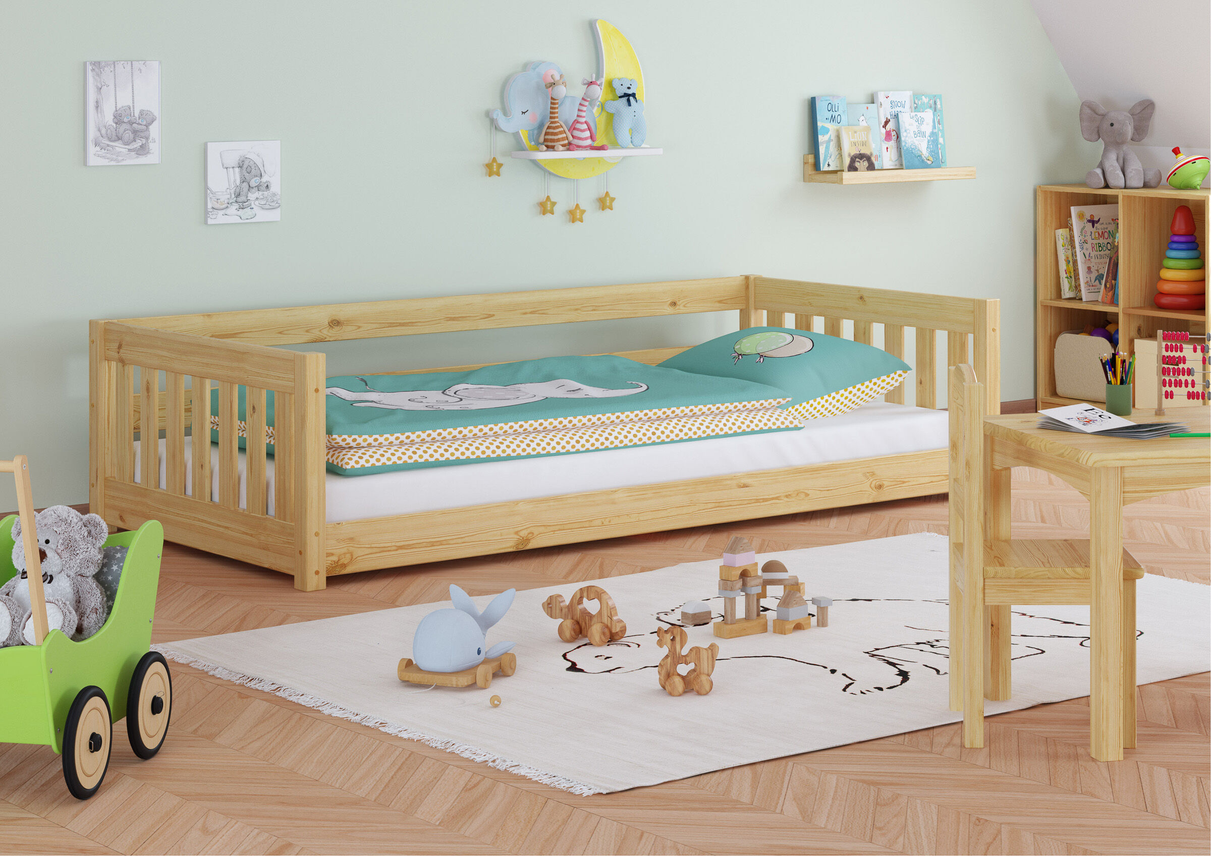 Kinderbett, Holz, Kissenbezug, Muster, Kinderzimmer, Kinderzimmer mit Kieferholz