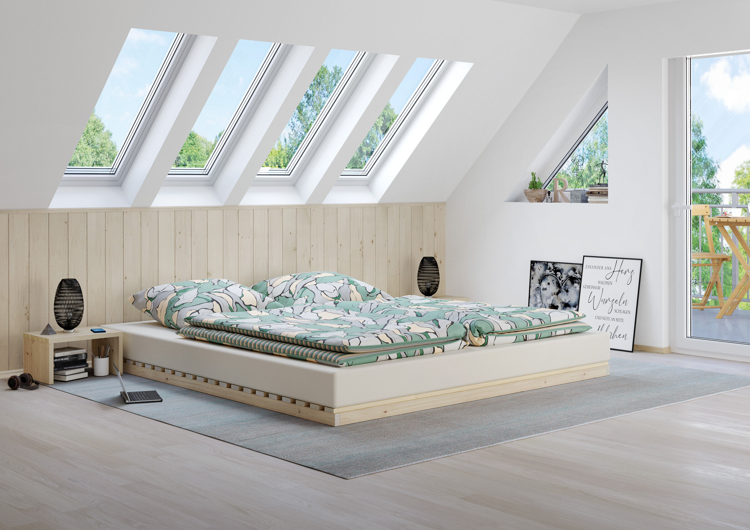 Bett, Bettgestell, Bettwäsche, Viereckiger Raum?, Schlafzimmer, Gästebett niedrig