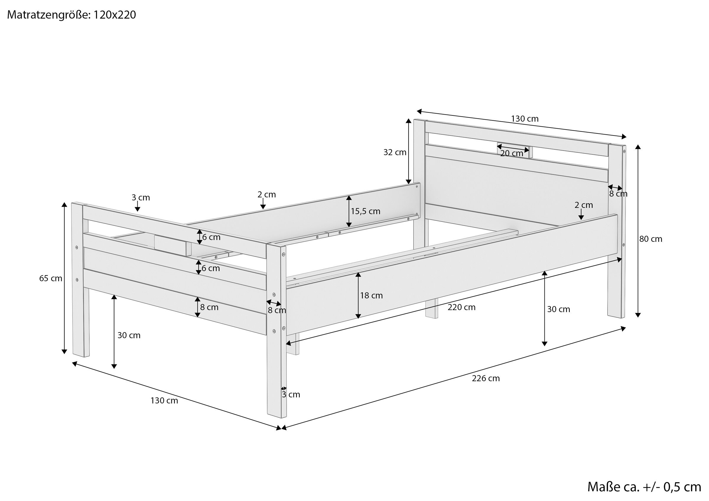 Kojenbett, Holzbett, Bodenkonstruktion, Schublade, Maße 120x220, Skizze mit Maßen