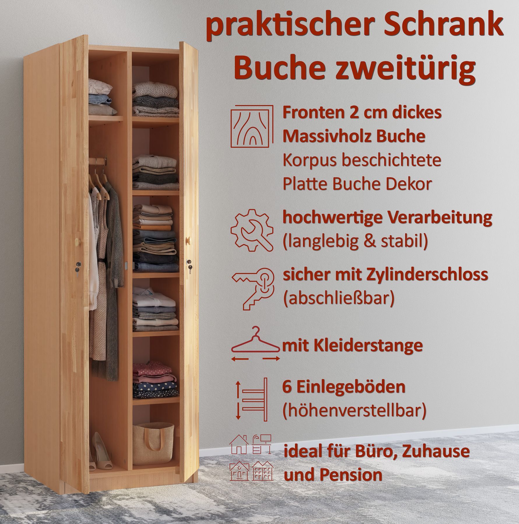 Schrank, Massivholz, Kleiderstange, 6 Einlegeböden, Begehbarer Kleiderschrank, Vorteilsliste Holzschrank