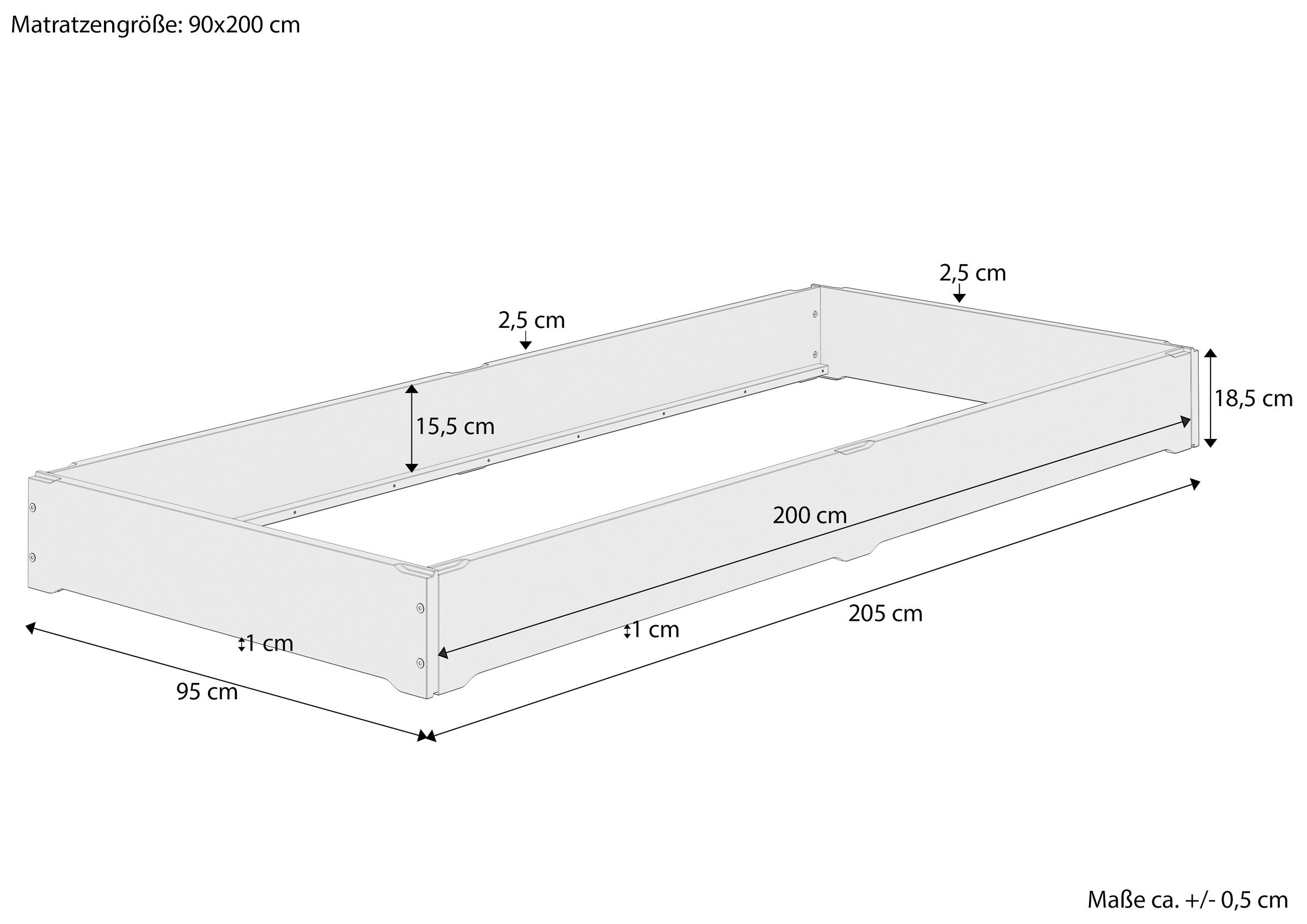 Bettenrahmen, Matratzenrahmen, Holzrahmen, großes Bett, Maße 90x200 cm, Maßskizze des Vollholzbettes 90x200