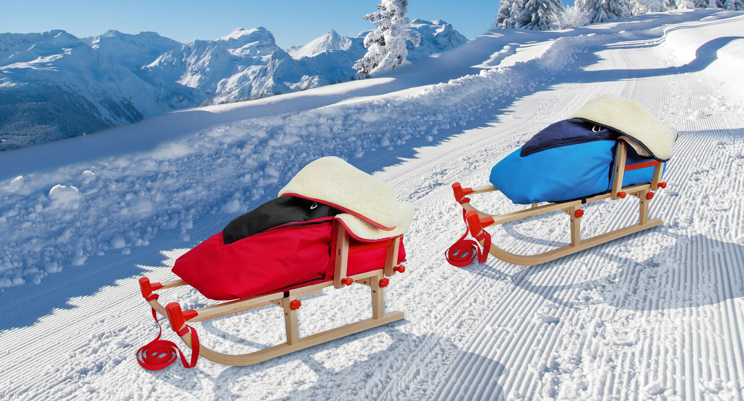 Schlitten, Schneeschlitten, Wärmedecke, Holzrahmen, rote/blau Abdeckung, Winterbild Davos Schlitten mit Fußsack