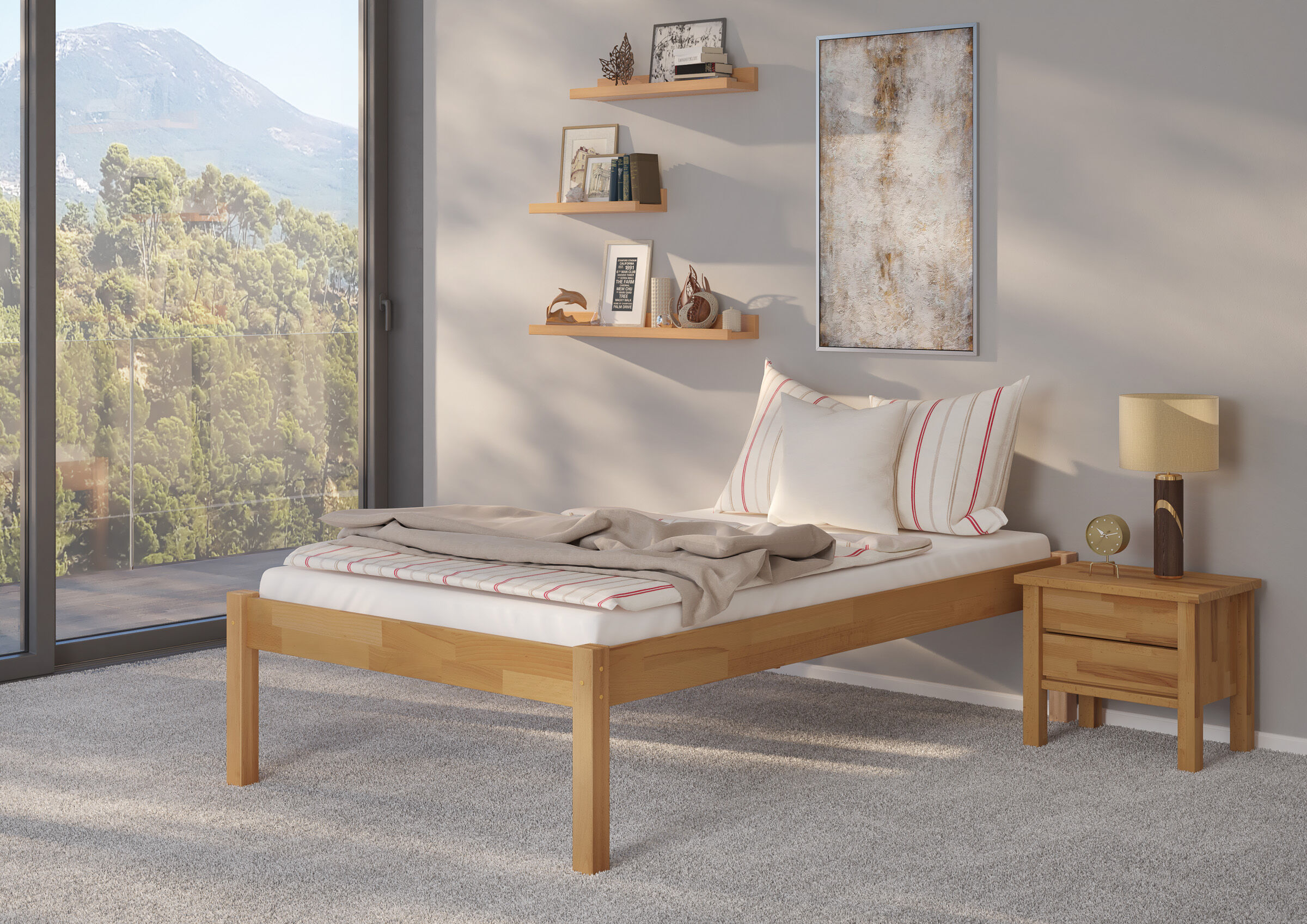 Innenarchitektur, Mobiliar, Inneneinrichtung, Lampe, Kissen, Buche Bett 120x200 cm mit erhöhten Füßen