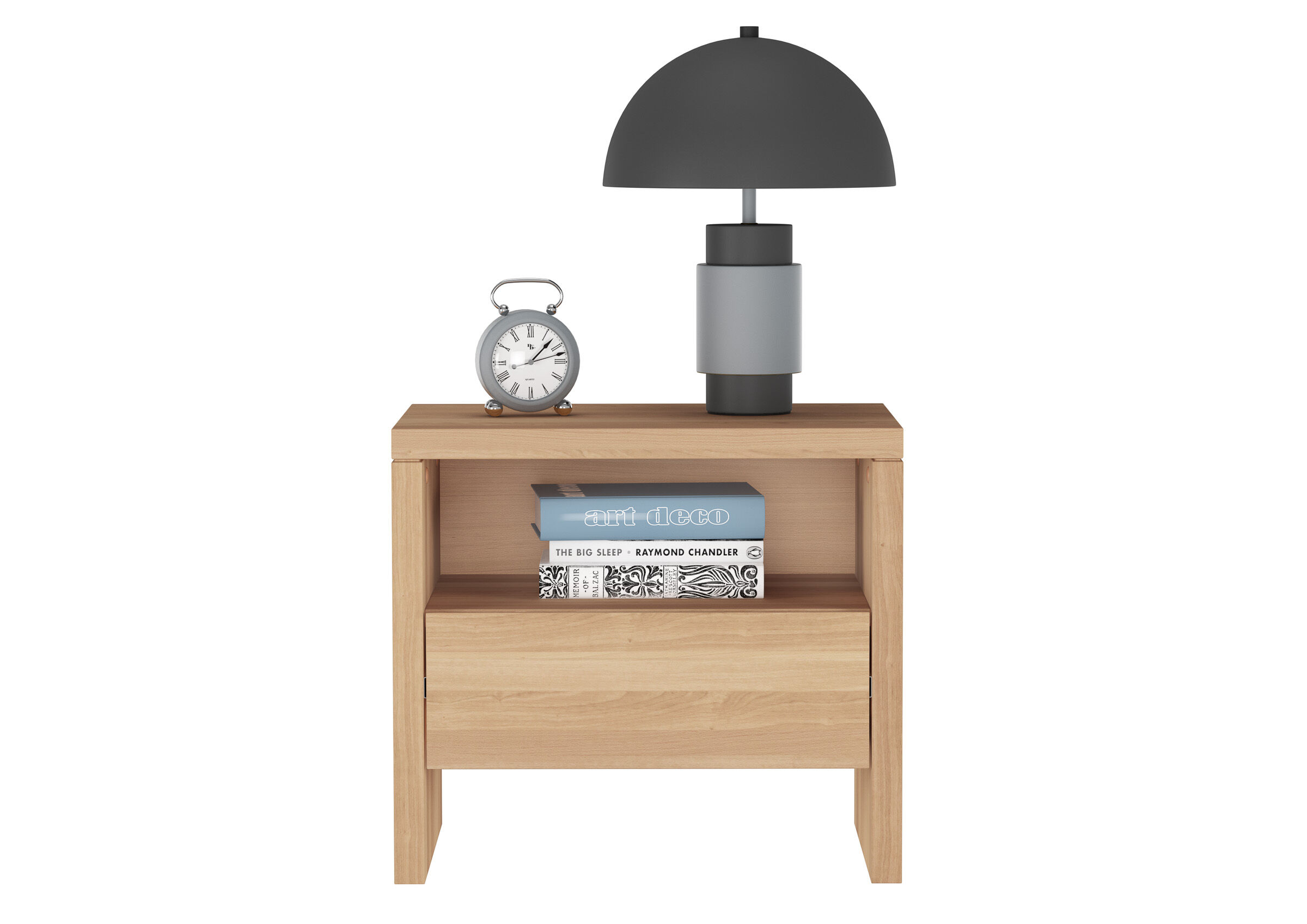 Nachttisch, Tischlampe, Tischclock, Holzregal, Bücher, Massivholz-Nachttisch Buche