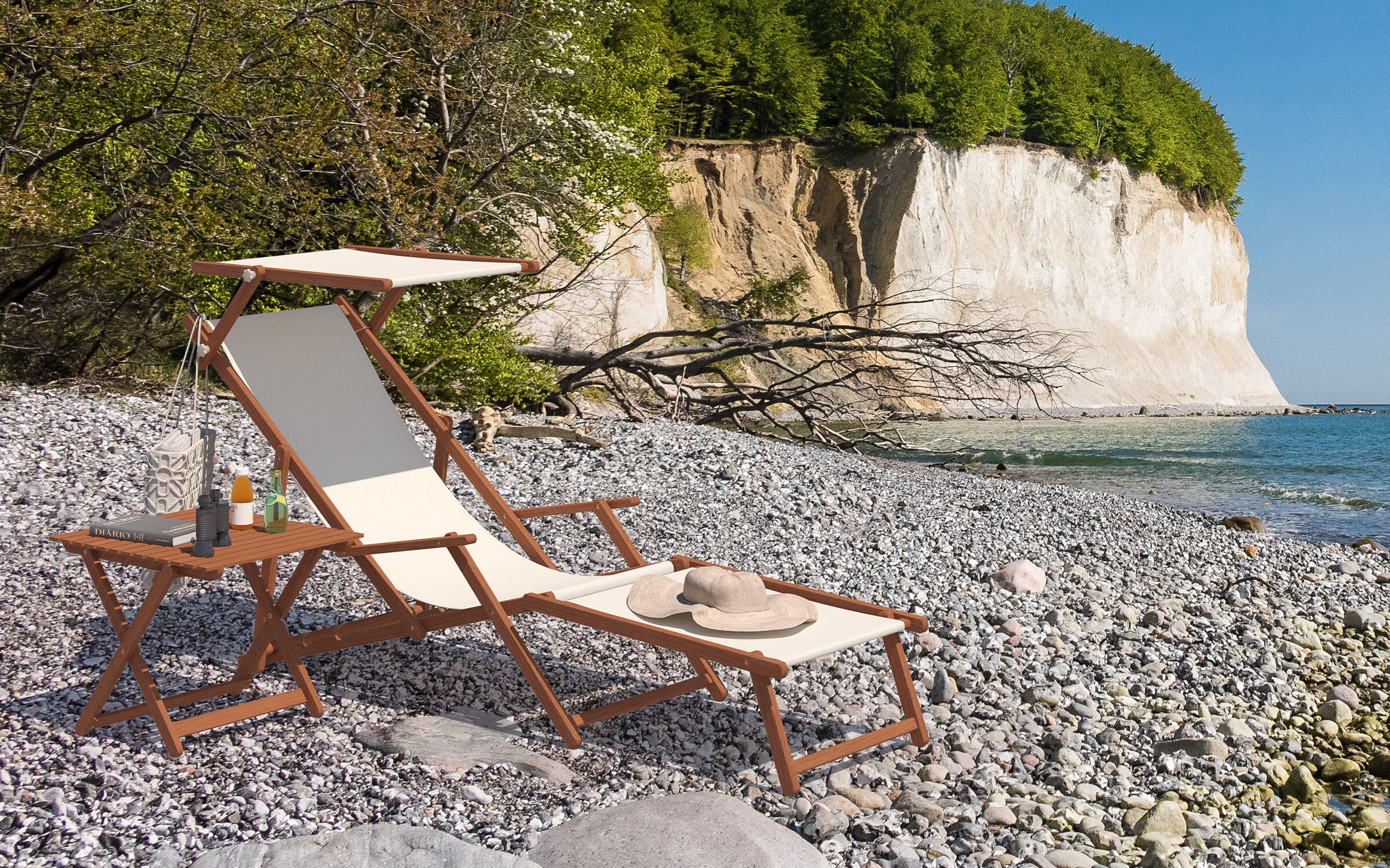 Strandkorb,  Holzrahmen,  Sonnenstuhl,  Strand,  Kieselstrand, Gartenstuhl Buche dunkel mit weißem Sitzstoff