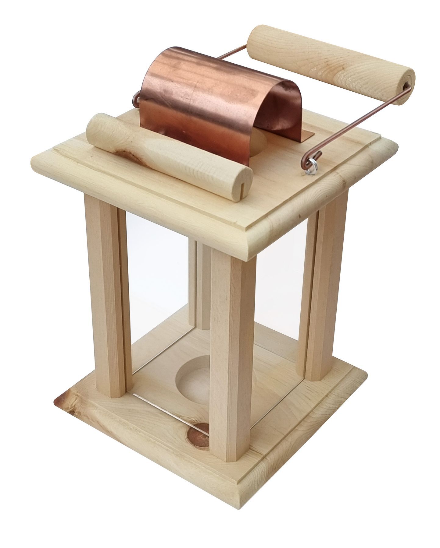 Holzwerkzeug, Rollholz, Knetwerkzeug, Holzständer, Kupferstahl, Oberansicht Zirbenholzlaterne  mit Tragegriff