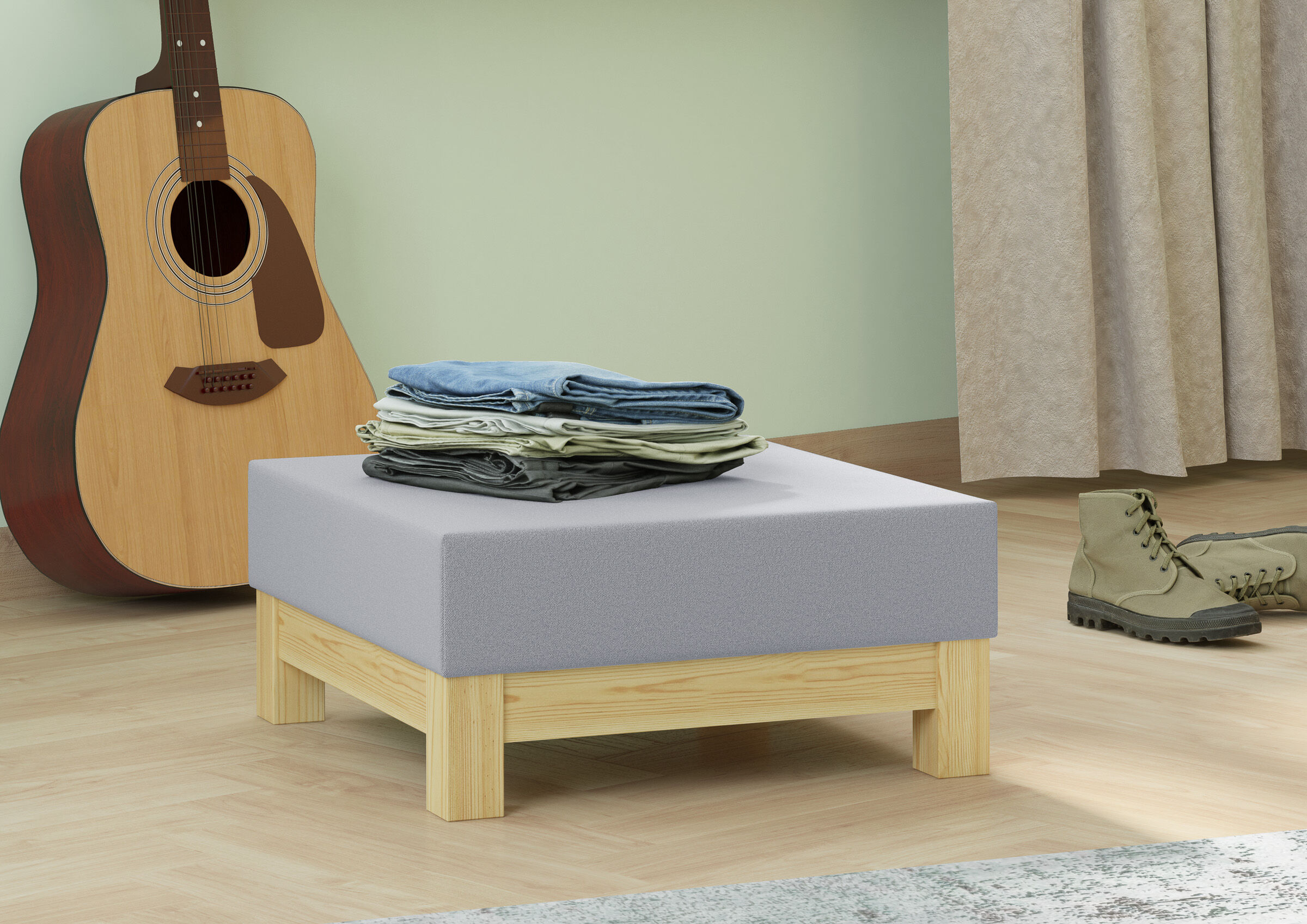 Gitarre, Gehäuse, Flache Sitzbank, Jeans, Schuhe, Sitzpouf-Holzhocker-grau-50x50