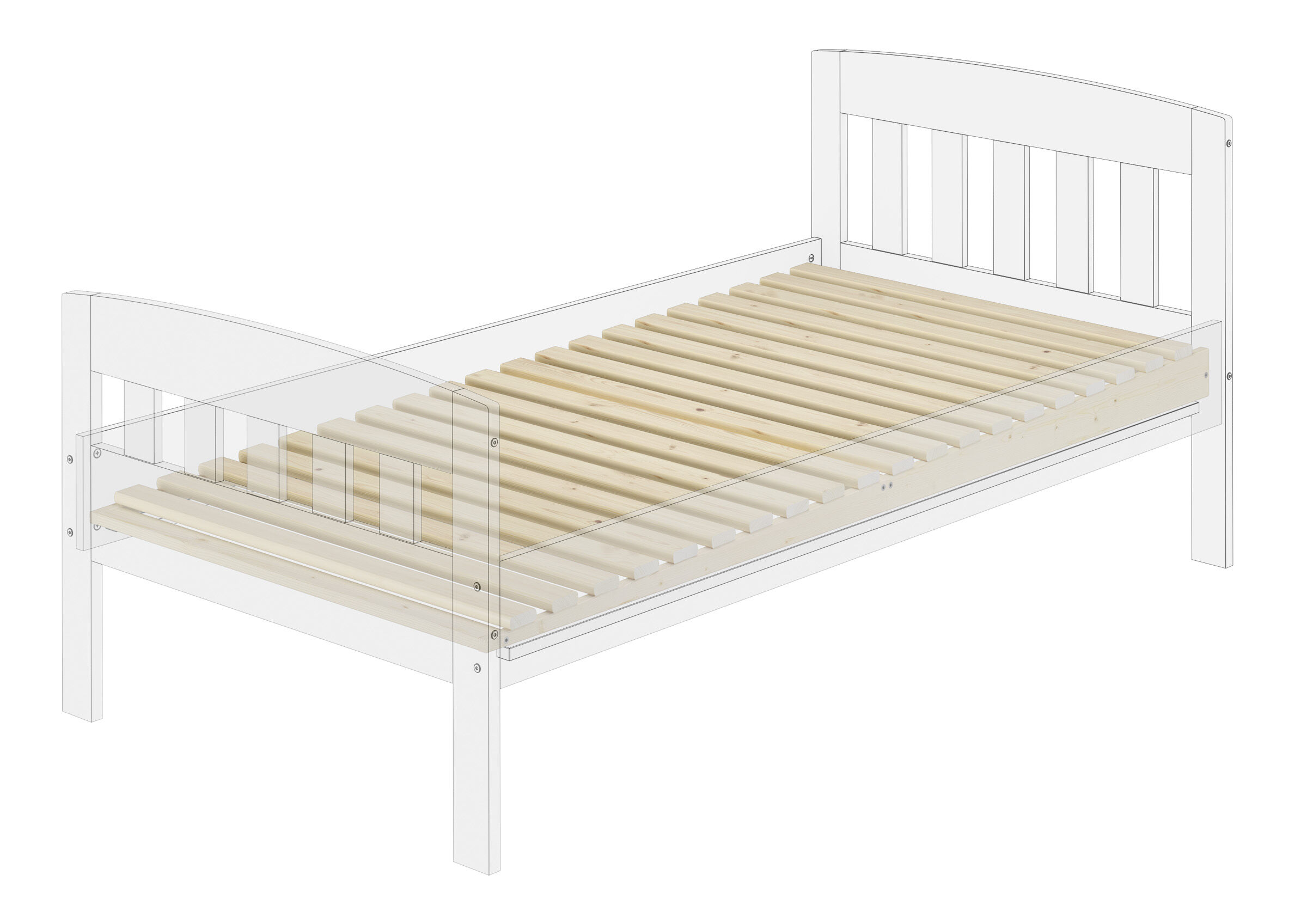 bett, holzlatten, holzrahmen, slammetruhe, betttafel, Schräger Refluxrahmen 90x200 im Detail