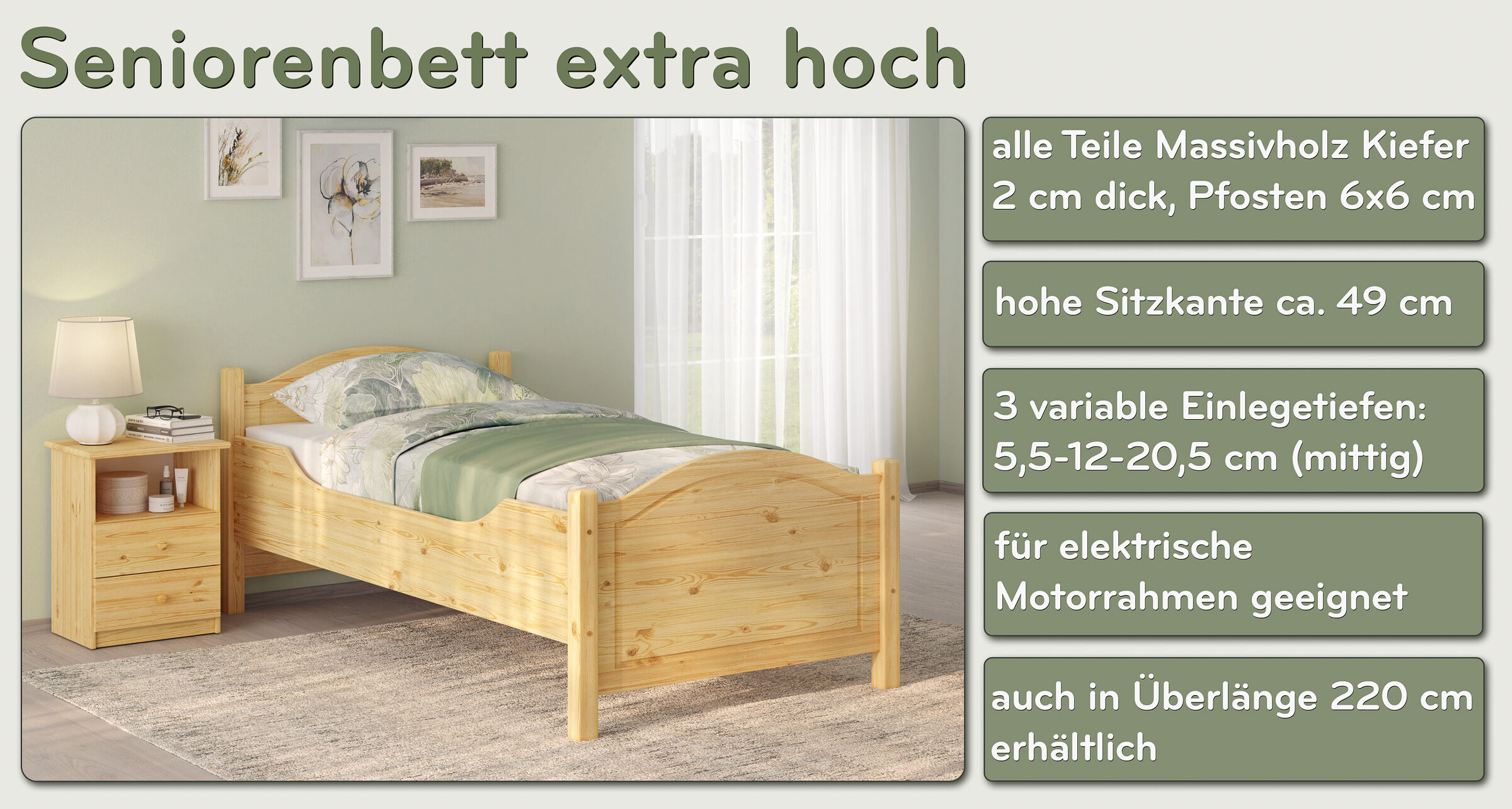 Highlights des hohen Bettes Haupte Merkmale des Kiefernholzbettes