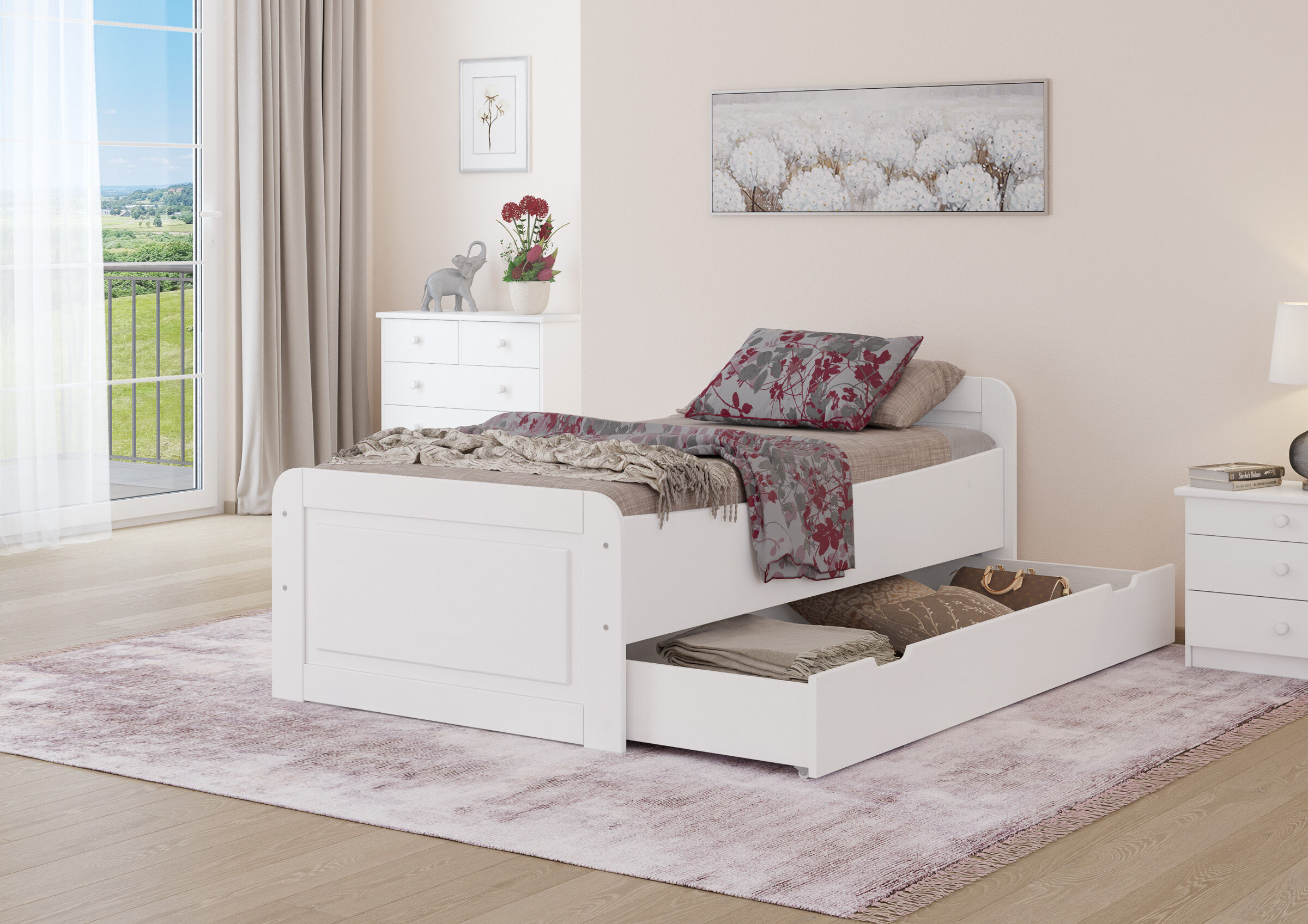 bett, bettgestell, schubladenkasten, sliderbett, muster-lavendel, Kieferbett mit Schublade S4W im Zimmer